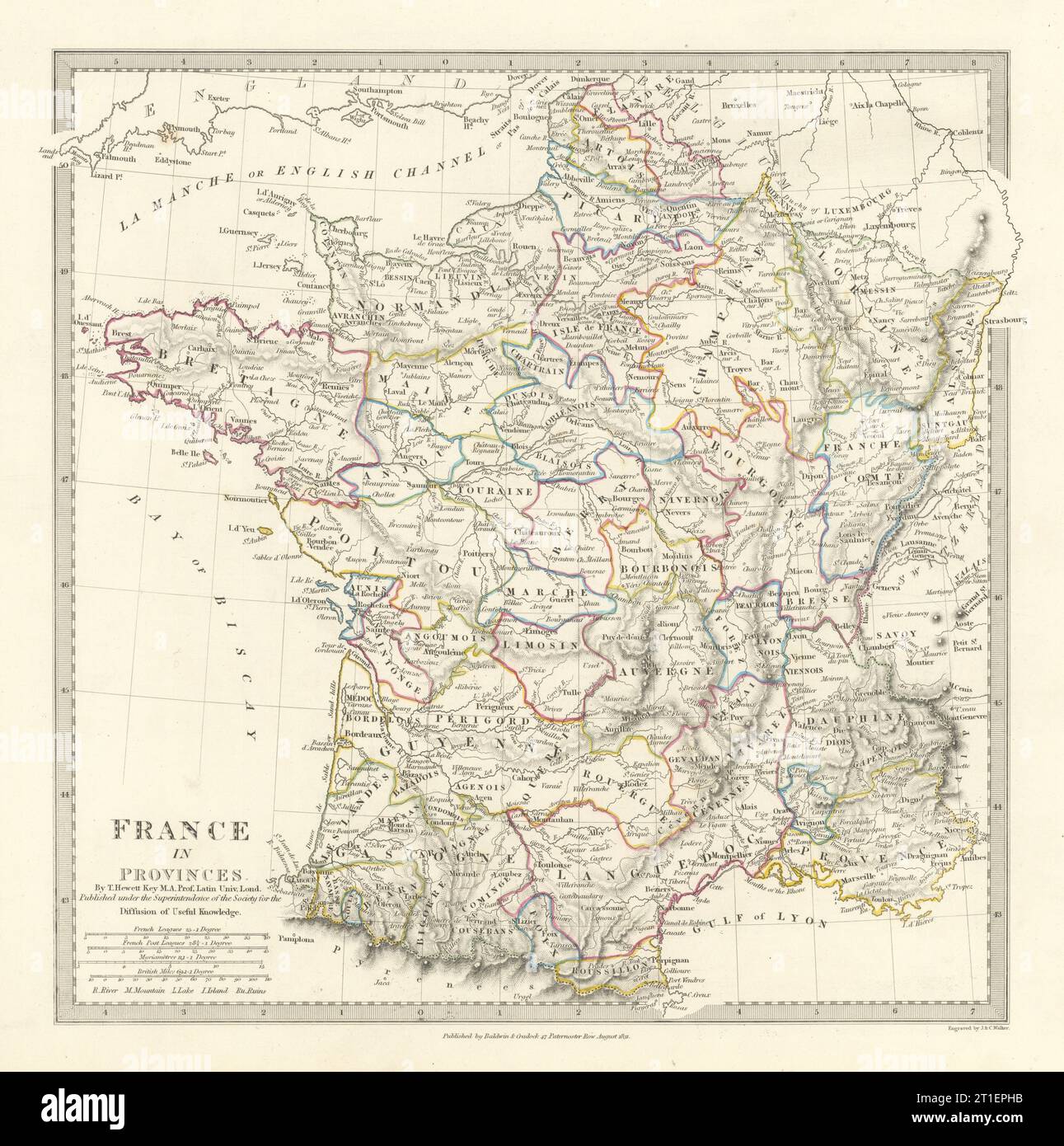 LA FRANCE DANS LES PROVINCES. Indique les provinces <1790. Couleur originale de la main.carte SDUK 1844 Banque D'Images