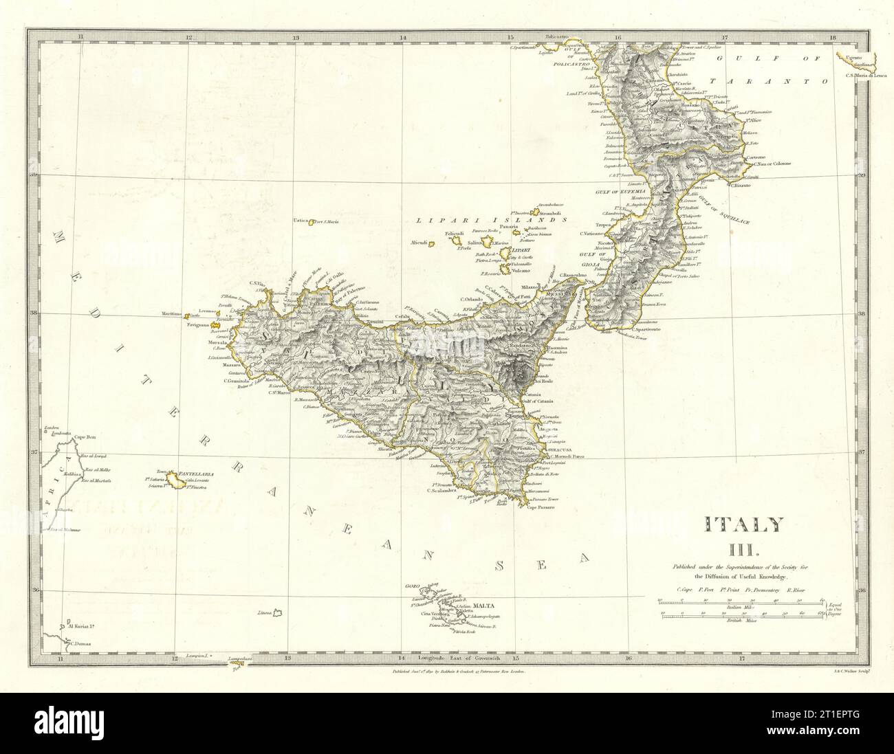 SICILE CALABRE. Sicile Malte Gozo. Couleur du contour d'origine. Carte SDUK 1844 ancienne Banque D'Images