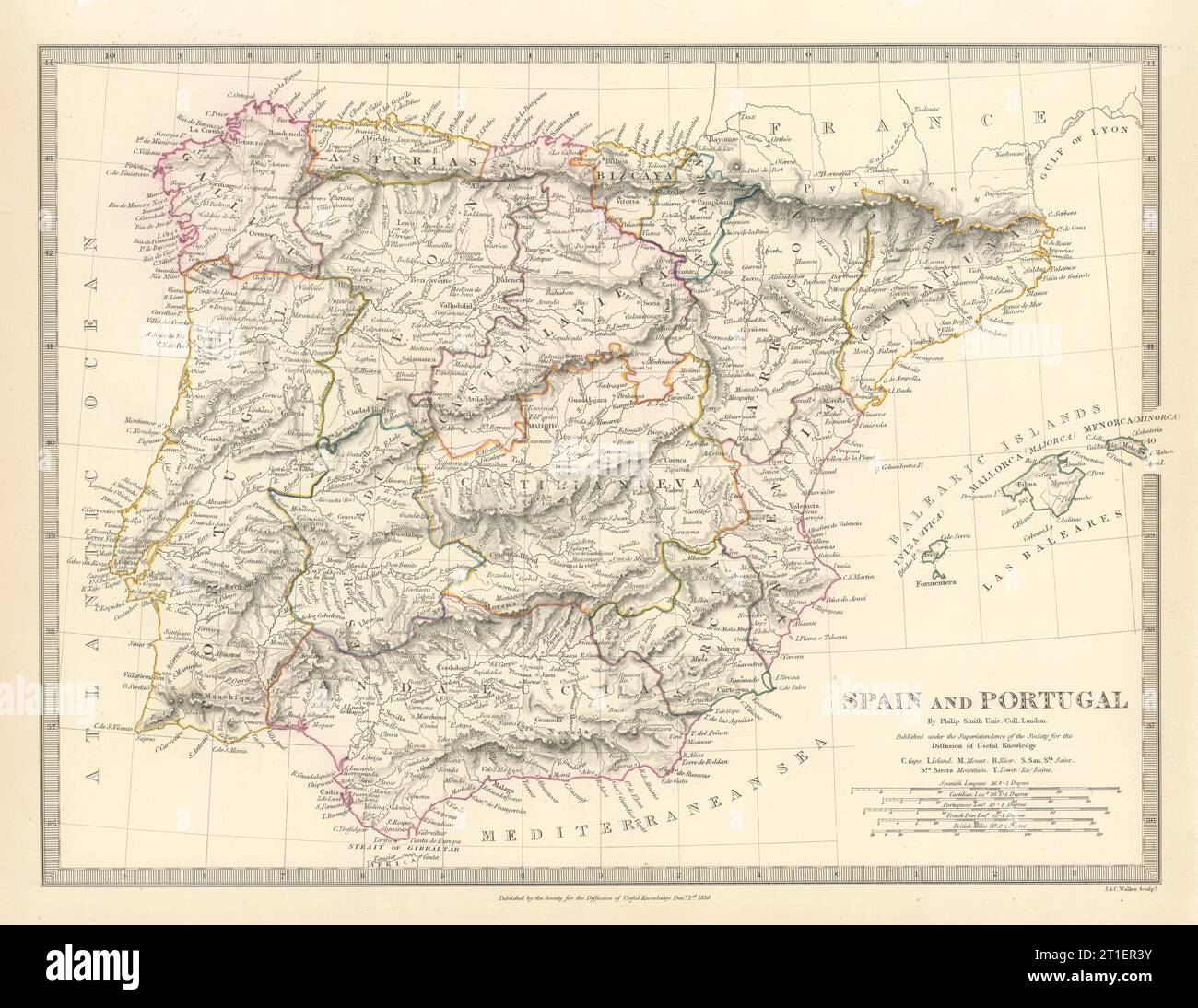 IBERIA. Espagne et Portugal montrant les provinces. SDUK 1844 ancienne carte antique Banque D'Images