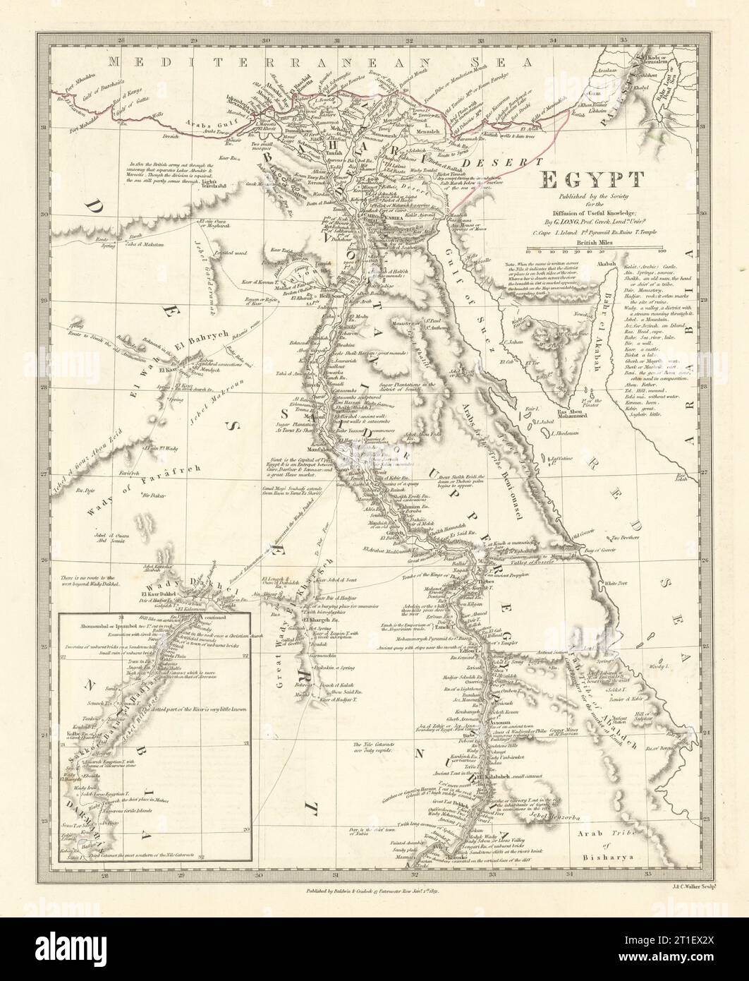 ÉGYPTE. Vallée du Nil. Couleur de contour d'origine. SDUK 1844 ancienne carte antique Banque D'Images