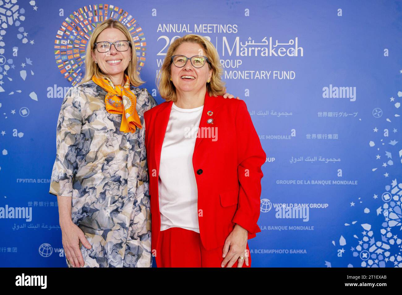 Svenja Schulze SPD, Bundesministerin fuer wirtschaftliche Zusammenarbeit und Entwicklung und Anna Bjerde, Directrice générale des opérations der Weltbank à Marroko, Marrakech Marrakech, 13.10.2023. Marrakech *** Svenja Schulze SPD, Ministre fédérale de la coopération économique et du développement et Anna Bjerde, Directrice générale des opérations de la Banque mondiale au Maroc, Marrakech Marrakech, 13 10 2023 Marrakech Copyright : xUtexGrabowskyx crédit : Imago/Alamy Live News Banque D'Images