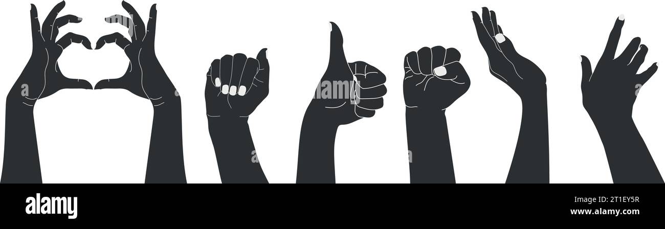 Ensemble de silhouettes de mains humaines levées avec des gestes différents. Isolé sur fond blanc. Illustration vectorielle Illustration de Vecteur