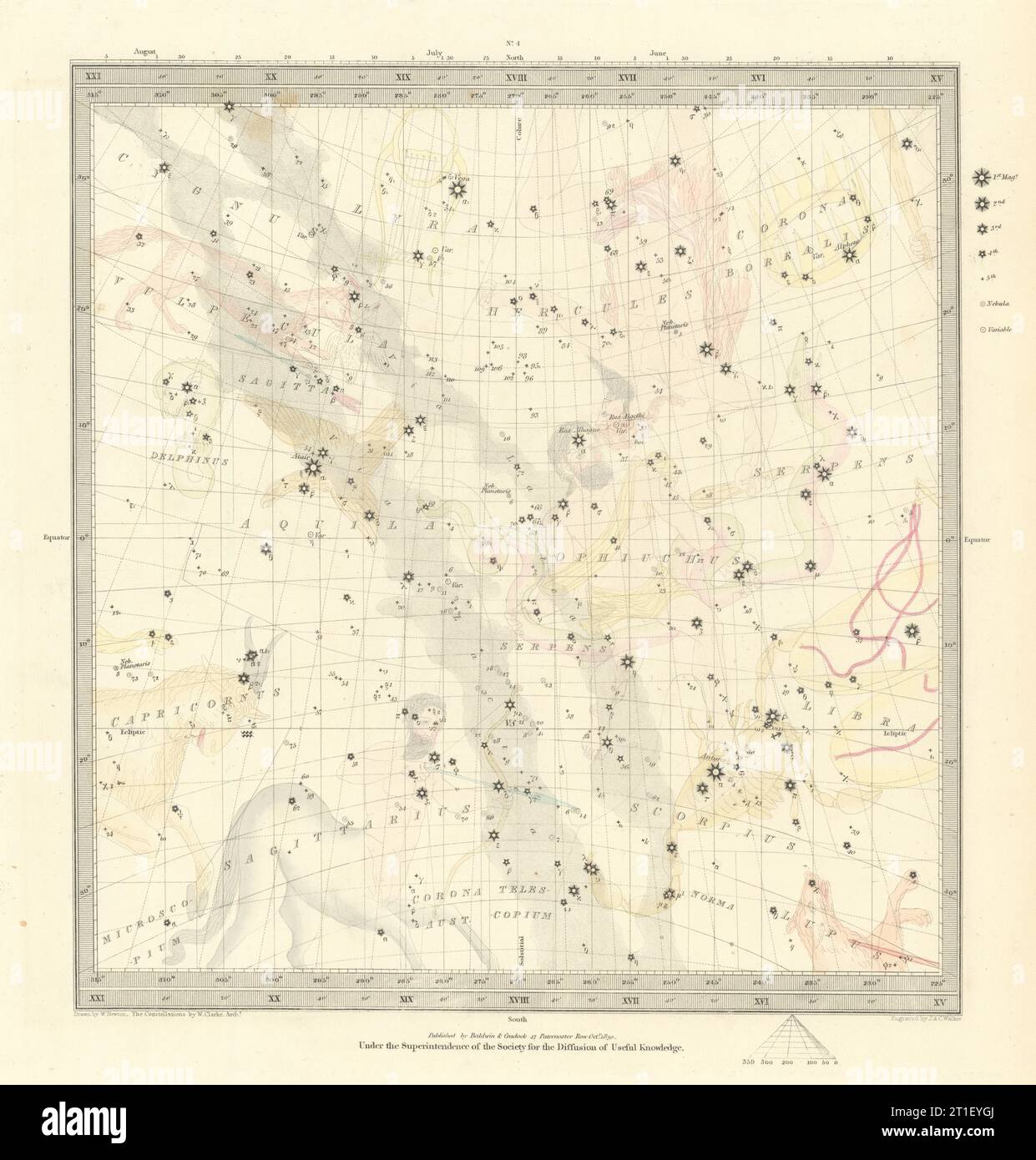 ASTRONOMIE CÉLESTE. Carte des étoiles. Graphique en étoiles. IV Solstice d'hiver. SDUK 1847 Banque D'Images