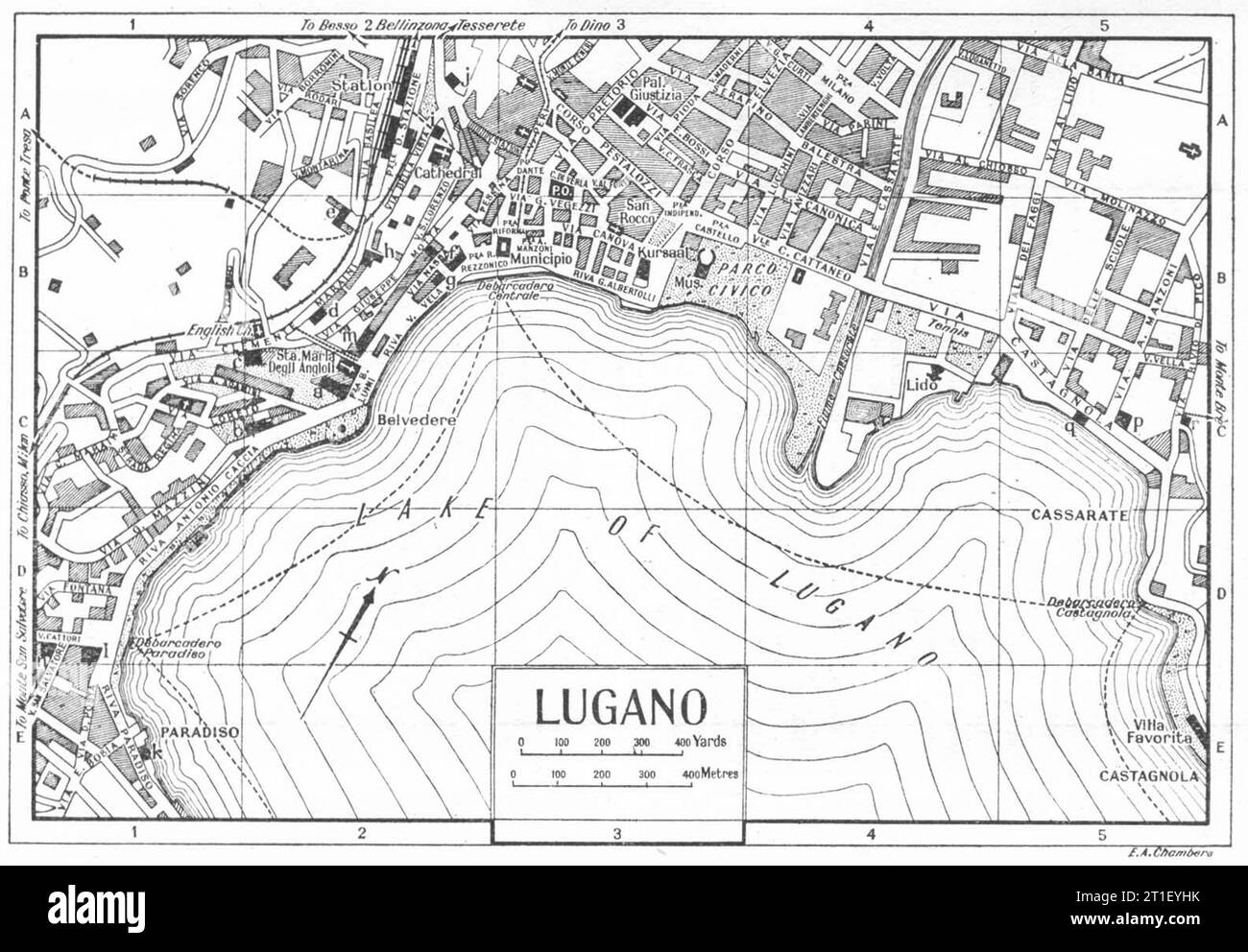 Plan de la ville DE LUGANO. Italie 1953 ancienne carte vintage Banque D'Images