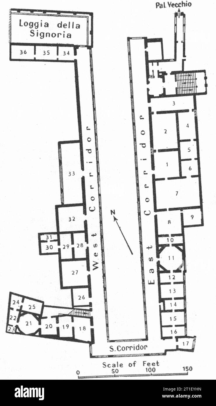 Galleria Degli Uffizi. Plan d'étage. Florence. Firenze 1953 ancienne carte vintage Banque D'Images