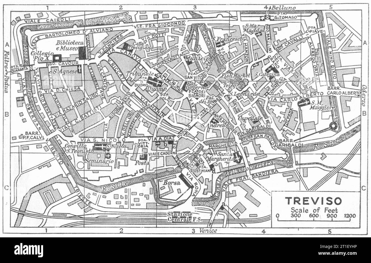 Plan de la ville DE TRÉVISE. Italie 1953 ancienne carte vintage Banque D'Images