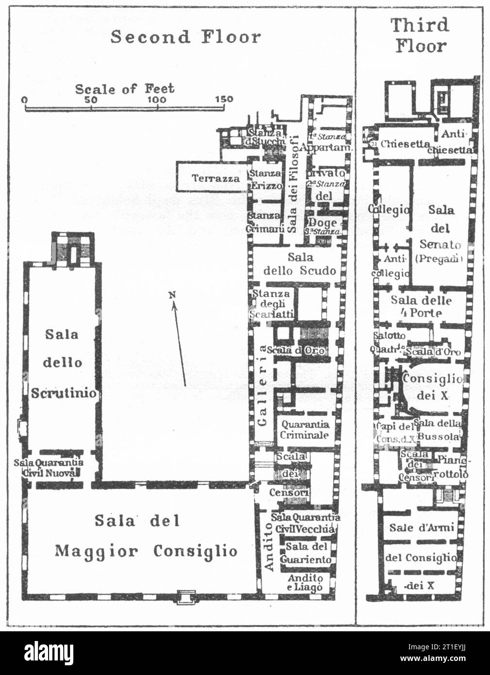 Intérieur du Palais des Doges. Plan d'étage. Venise 1953 ancienne carte vintage Banque D'Images