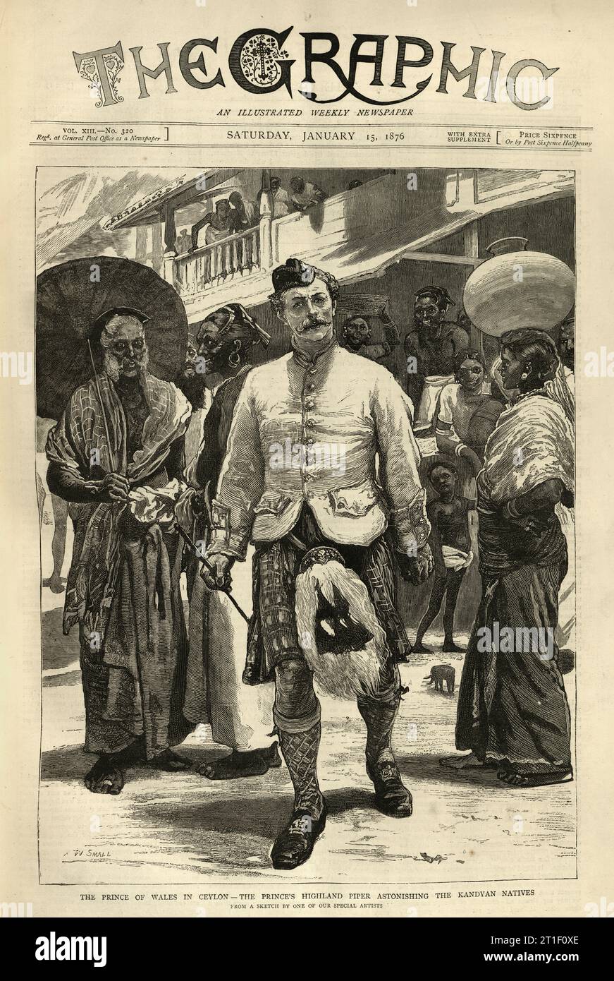Illustration vintage Prince de Galles, plus tard Édouard VII, visite royale à Ceylan, Scottish Highland Piper étonnant les indigènes de Kandy, années 1870, victorien 19e siècle. Banque D'Images