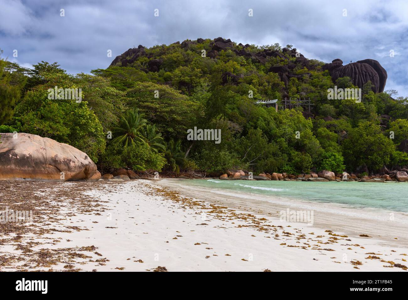 Côte d'Or Beach, île de Praslin, Seychelles. Paysage côtier un jour d'été Banque D'Images