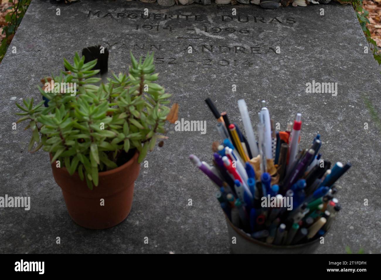 Tombe de la romancière et dramaturge française Marguerite Duras avec pots de stylos Cimetière Montparnasse, Cimetière du Montparnasse, 14e arrondissement Banque D'Images