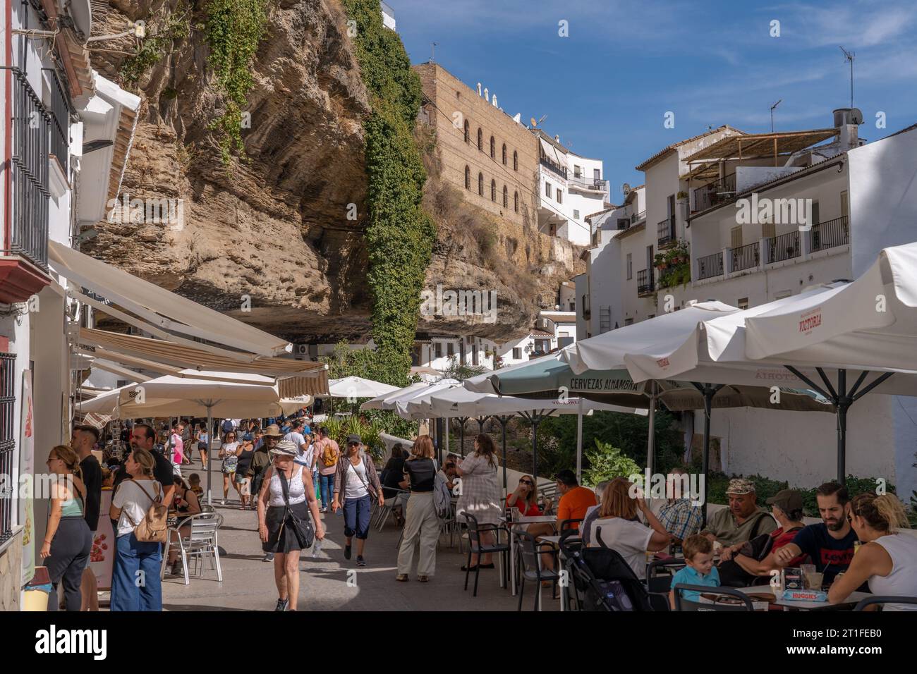 Rue à Setenil de las Bodegas, un village espagnol dans la province de Cadix. Les maisons sont construites à l'intérieur du canyon de la rivière Trejo. Banque D'Images