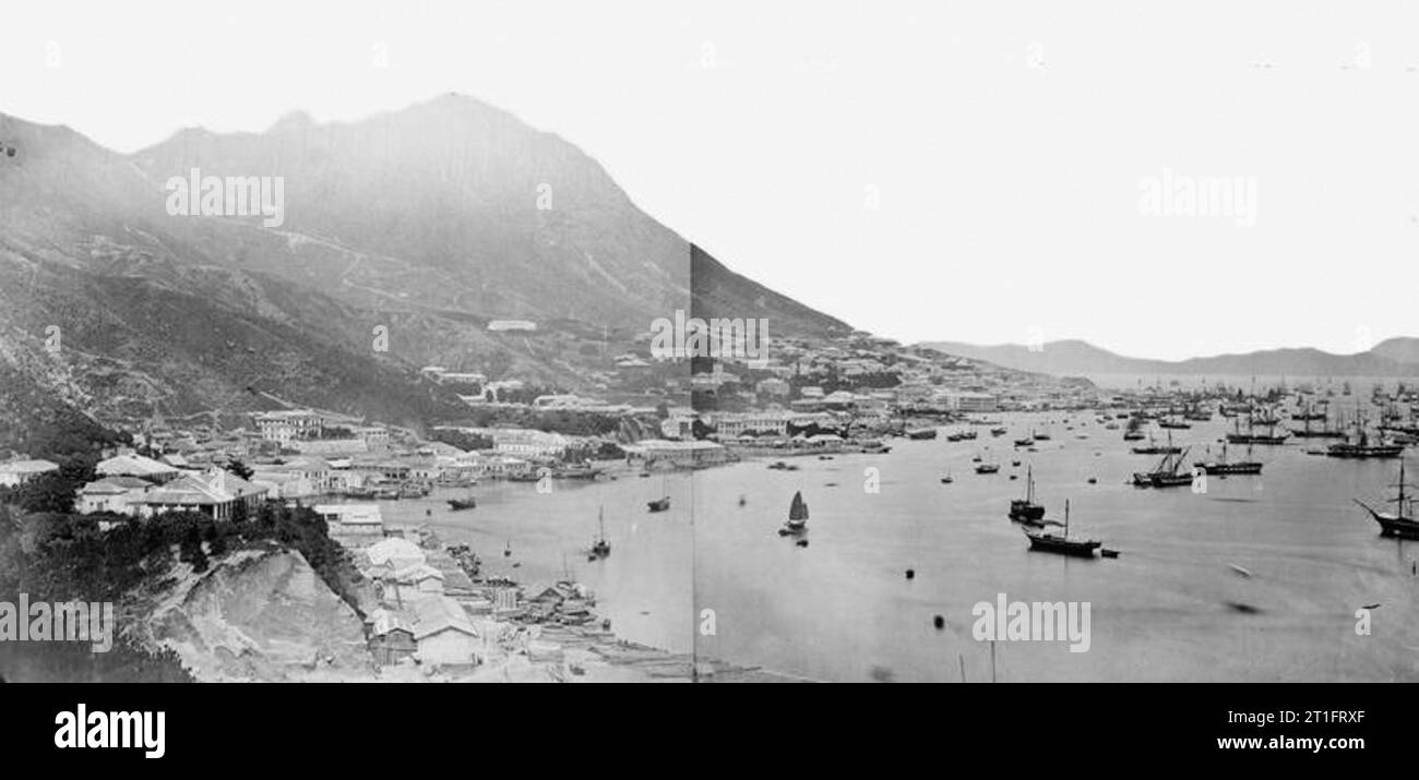 La Seconde Guerre de l'Opium 1856-1860 Panorama du port de Hong Kong. Banque D'Images