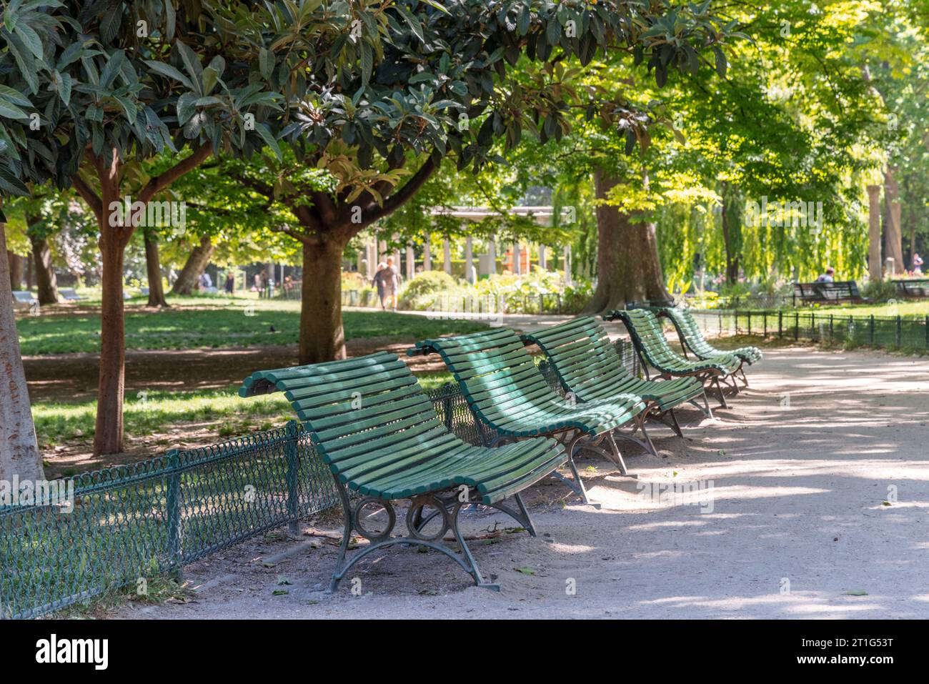 Cinq bancs verts vides dans une rangée dans un parc verdoyant à Paris, France. Dans le fond flou, les gens marchent ou s'assoient dans le parc ensoleillé. Banque D'Images