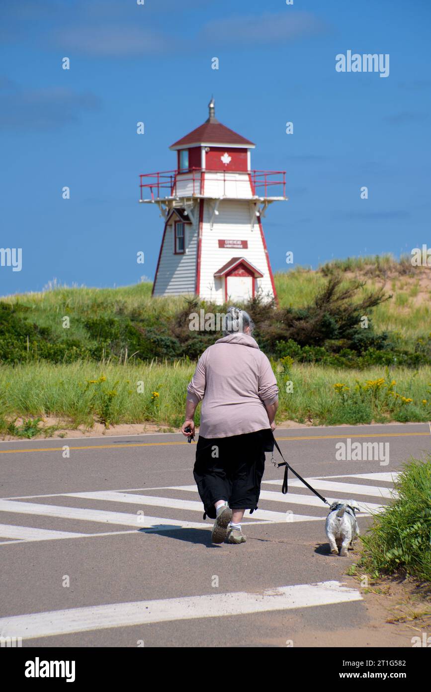 Femme promenant un chien blanc à Covehead Harbor, Île-du-Prince-Édouard, Canada Banque D'Images