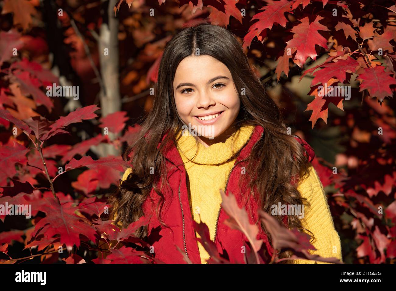 Visage de fille d'enfant d'automne sur fond de feuille d'automne. Automne enfant adolescente fille 12, 13, 14 ans portrait. visage de l'enfant heureux debout à belle autu Banque D'Images