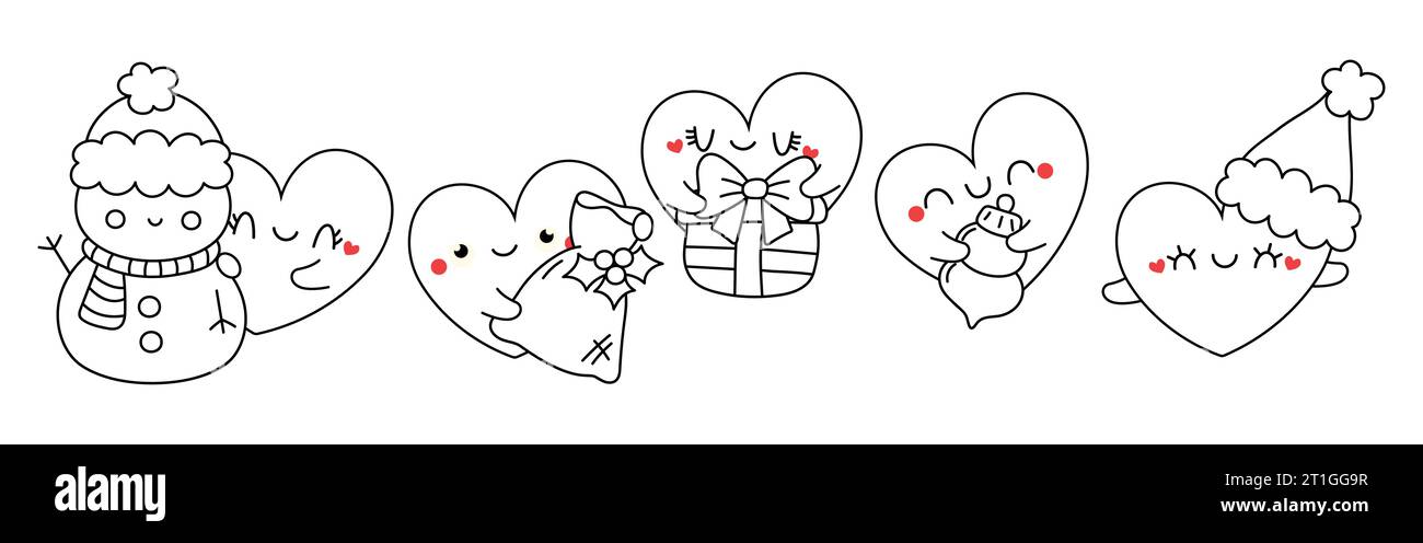 Ensemble de Kawaii Christmas Heart coloriage page. Collection de dessin de personnage de Noël vectoriel mignon Illustration de Vecteur