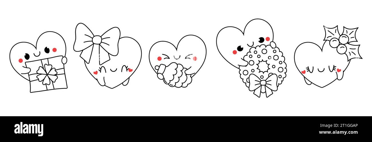 Ensemble de Kawaii Christmas Heart coloriage page. Collection de dessin de personnage de Noël vectoriel mignon Illustration de Vecteur