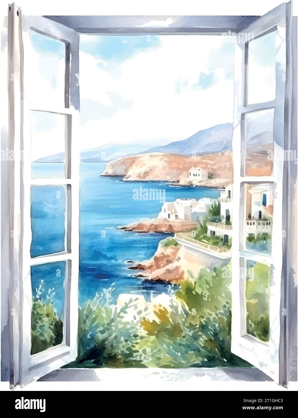 Illustration vintage avec fenêtre bleue mer grèce aquarelle Illustration de Vecteur