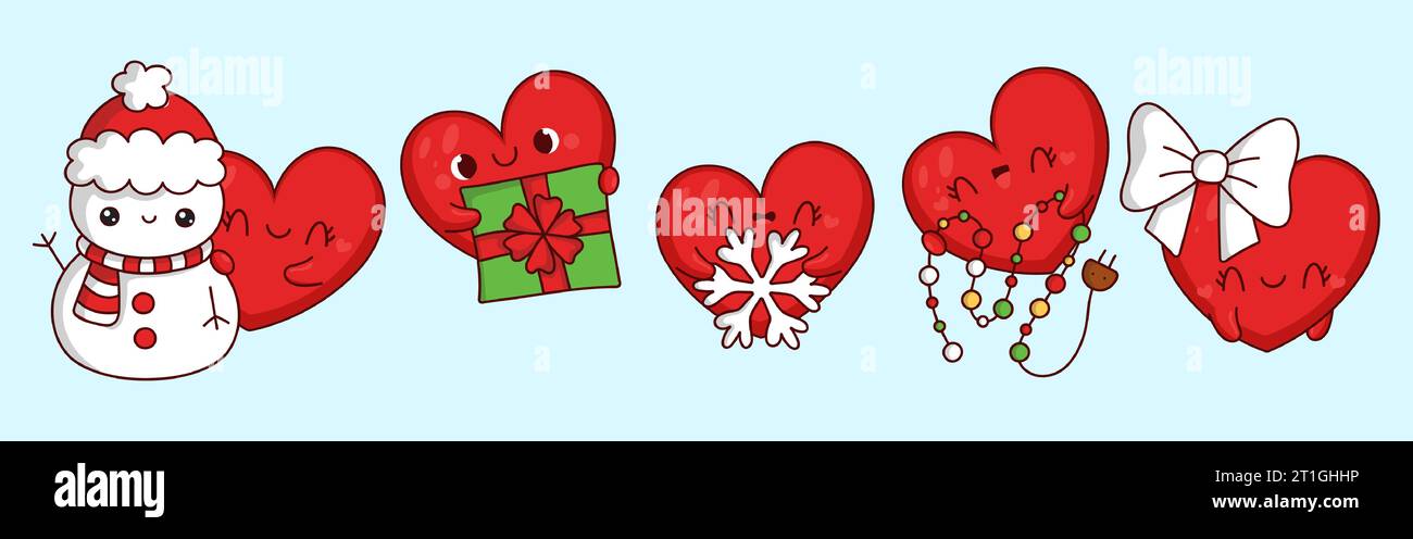 Ensemble d'illustrations vectorielles de coeur de Noël. Collection de caractère de Noël Kawaii pour autocollants Illustration de Vecteur