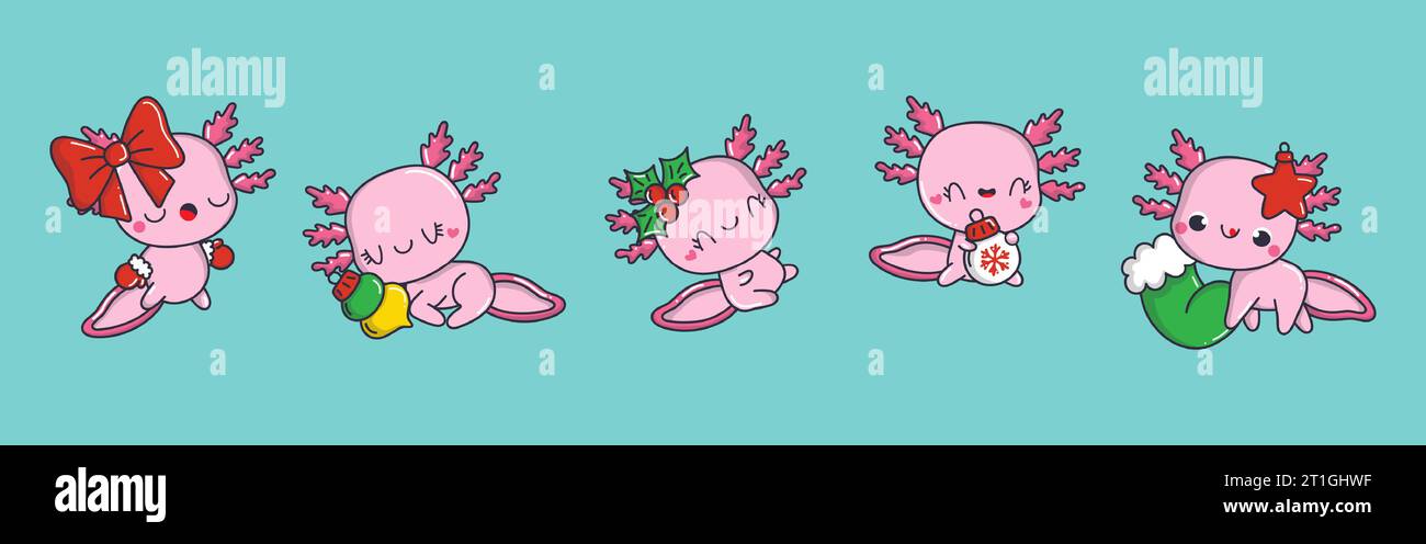 Set de Kawaii Noël Axolotl. Collection d'illustrations de salamandre vectorielle mignonne de Noël. Illustration de Vecteur