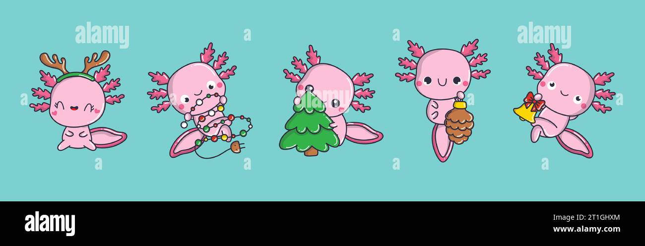 Set de Kawaii Noël Axolotl. Collection d'illustrations de salamandre vectorielle mignonne de Noël. Illustration de Vecteur