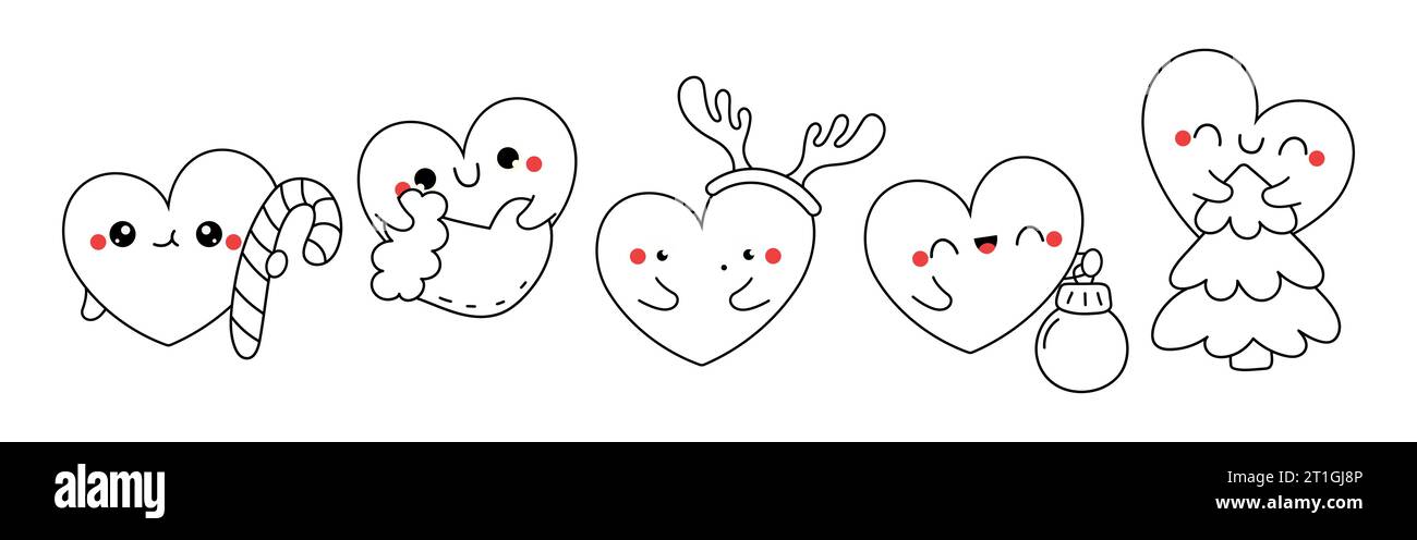 Ensemble de Vector Christmas Heart Coloriage page. Collection de Kawaii New Year Character Outline. Illustration de Vecteur