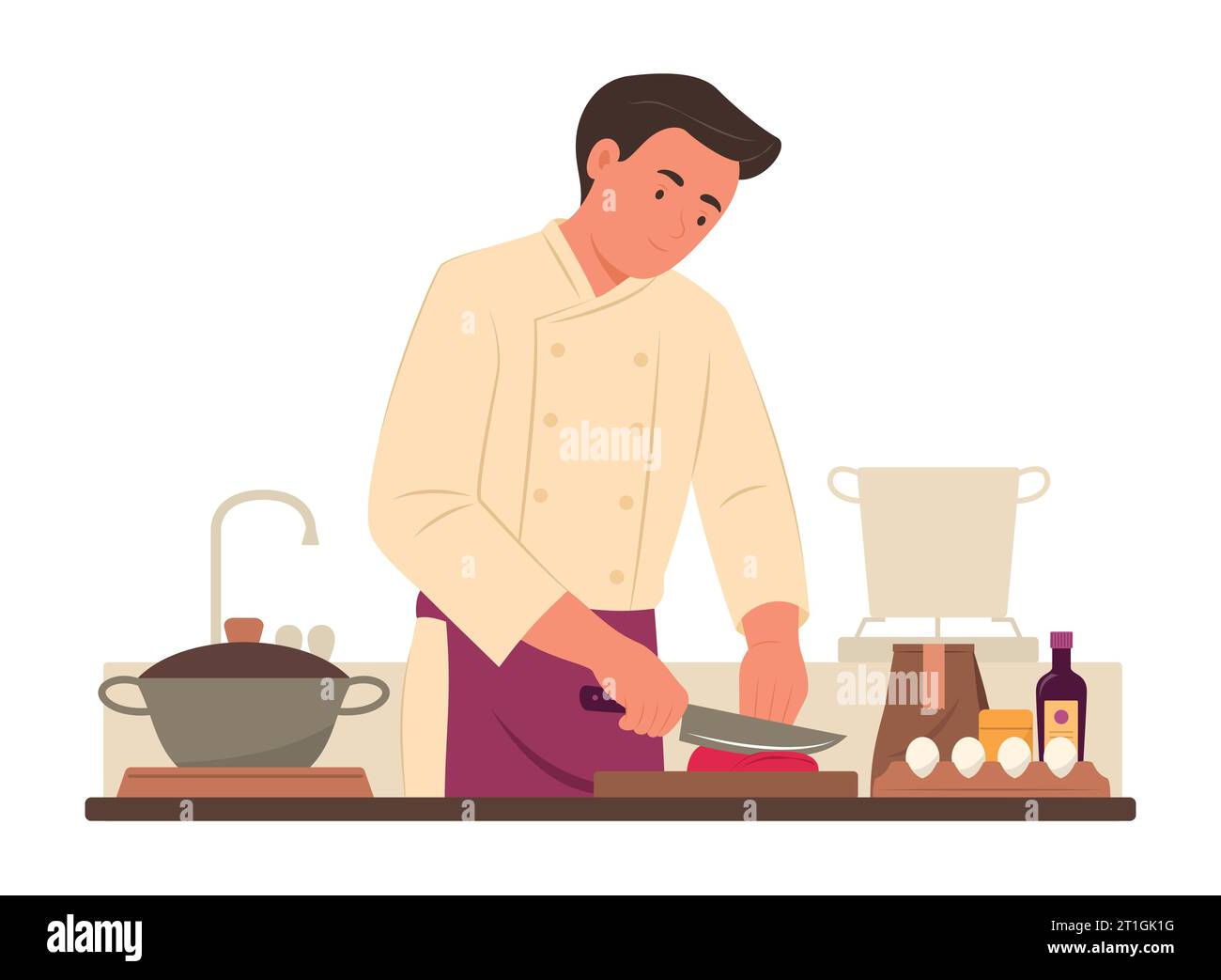 Chef Man Cutting Meat and Cooking in Kitchen for Culinary concept Illustration Illustration de Vecteur