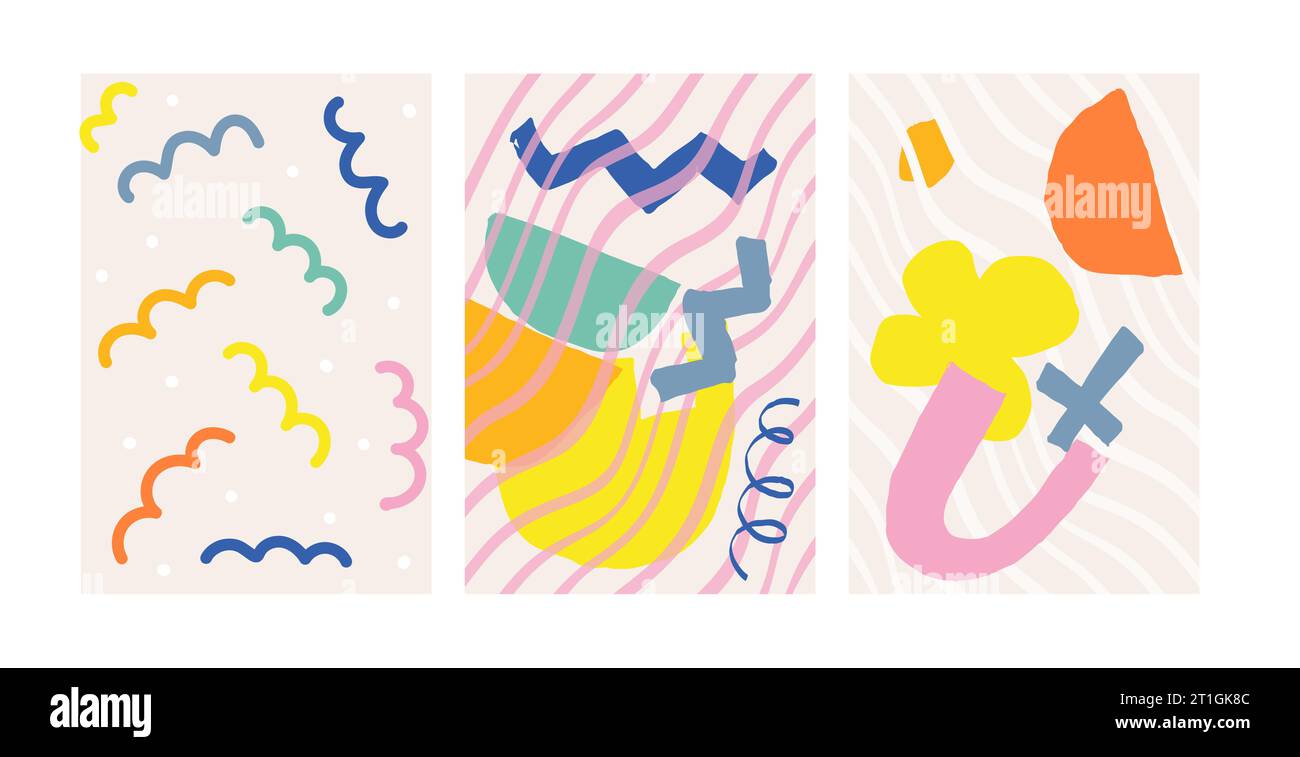 Ensemble de formes abstraites groovy naïves. Chiffres contemporains brutaux étoiles à vagues ovales. Esthétique du design suisse. Affiches géométriques dans le rétro tendance brutal Illustration de Vecteur