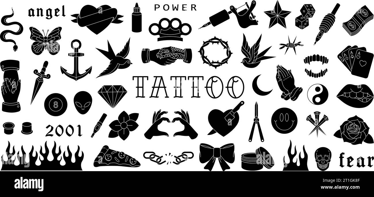 Ensemble de tatouage. Divers tatouages Old School. Avaler, rose, coeur, couteau, ancre, crâne, mains, fleurs, serpent. Illustration vectorielle. Illustration de Vecteur