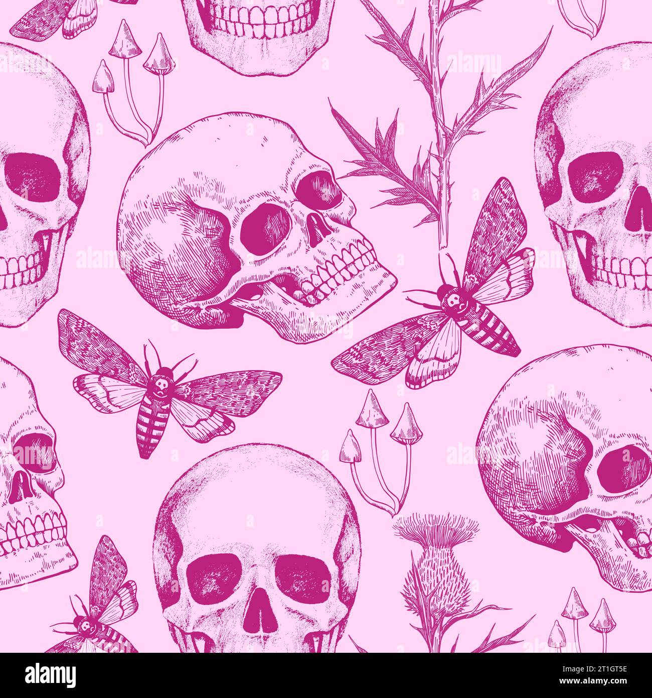 Halloween modèle sans couture noir et blanc avec crâne humain réaliste, toile d'araignée, mites et fleurs. Imprimé gothique dans un style de gravure rétro. Illustration de Vecteur