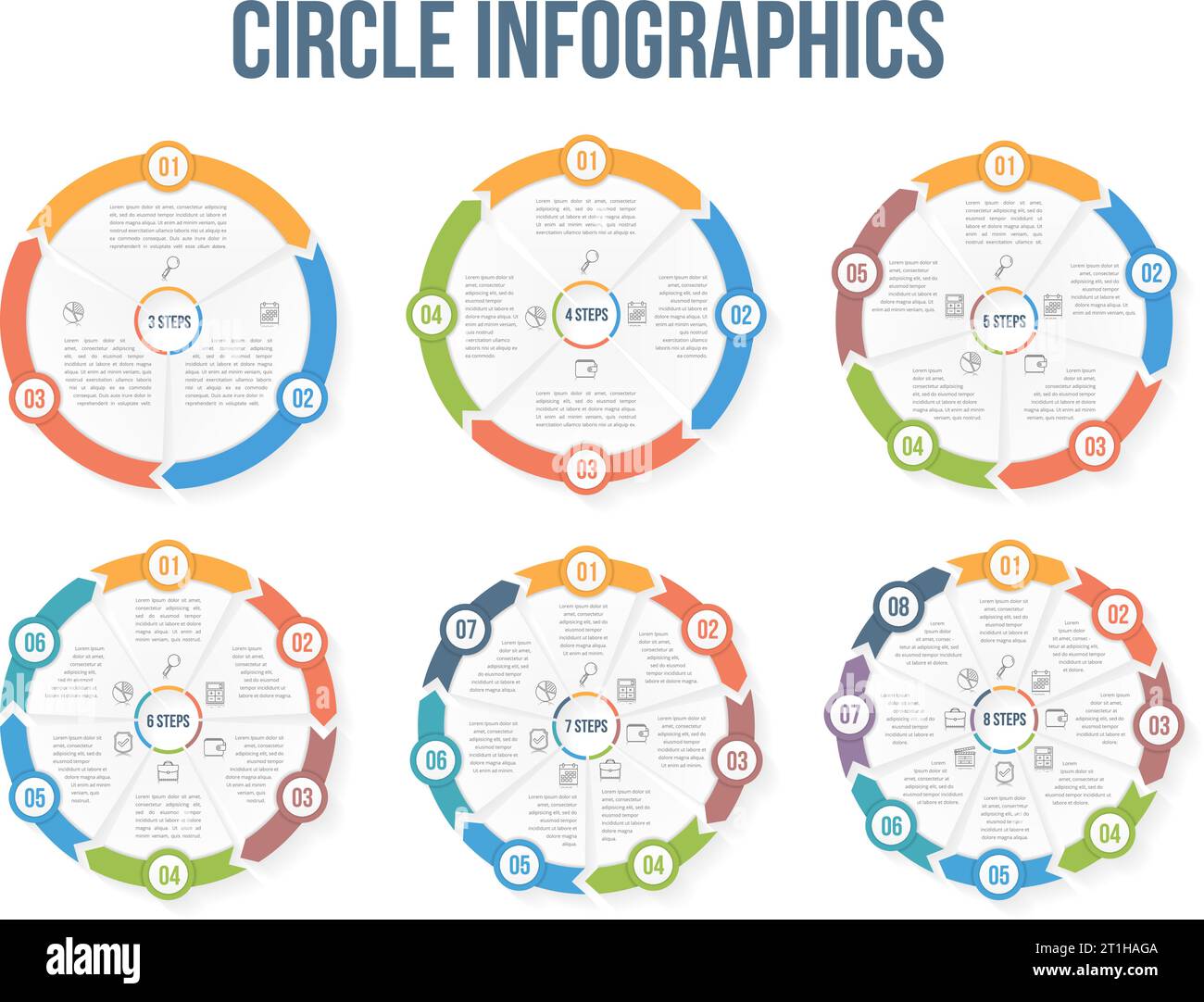 Infographie des modèles avec cercle 3, 4, 5, 6, 7 et 8 éléments, étapes ou options, ou de flux de données, diagramme de processus vizualization, vector eps10 illust Illustration de Vecteur