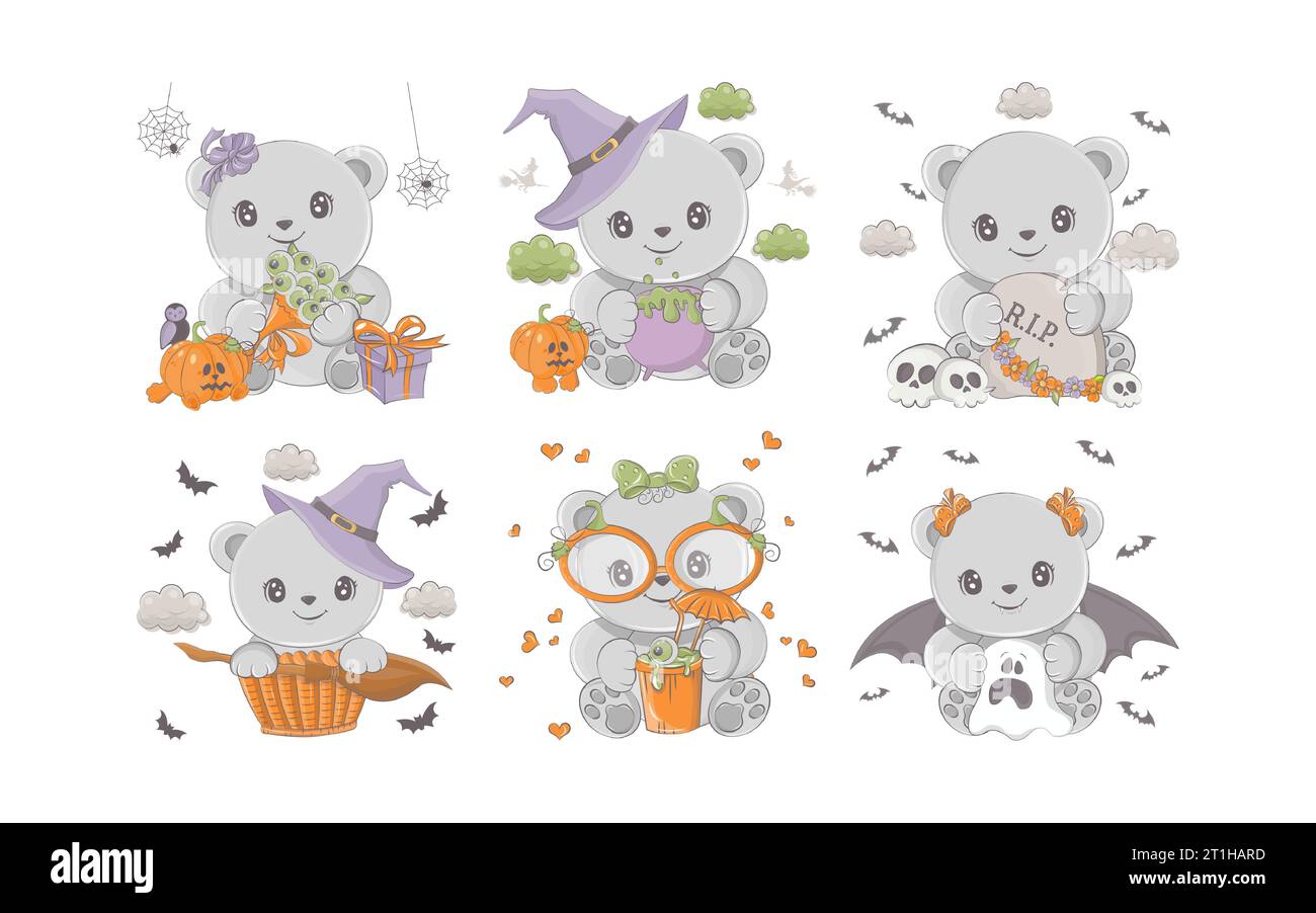 Ensemble de Cartoon Halloween Bear. Collection d'illustrations mignonnes Vector Halloween Animal. Illustration de Vecteur