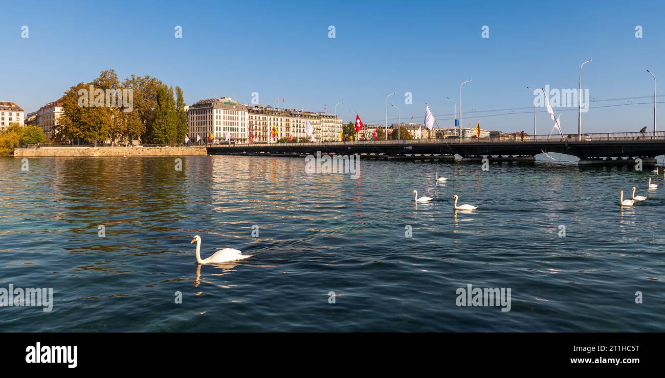 La rivière Rhône se jetant dans le lac Léman, à Genève, Suisse Banque D'Images