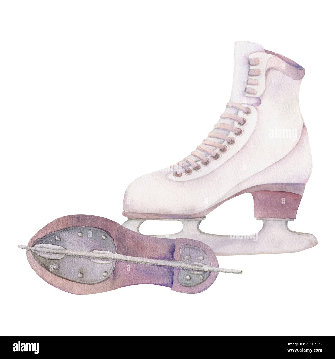 Paire de bottes de patinage artistique à l'aquarelle dessinées à la main, strass en cristal, chaussures de sports d'hiver. Illustration isolée sur fond blanc. Affiche de conception Banque D'Images