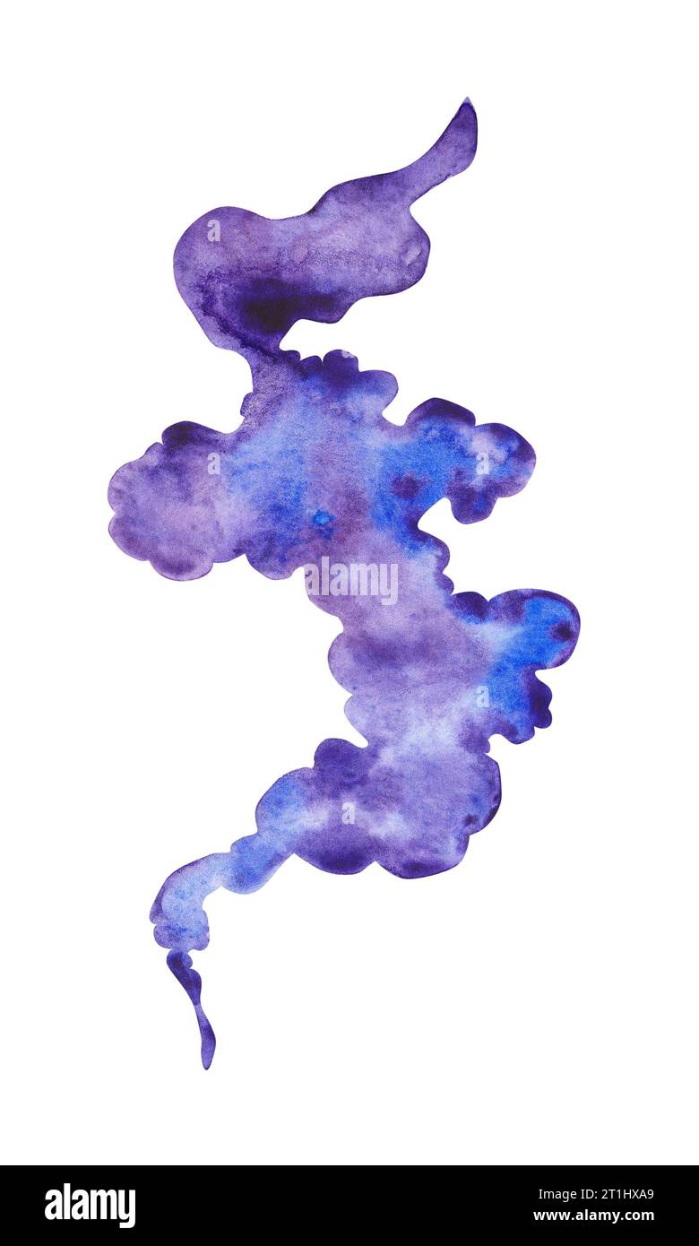 Fumée magique violette sur fond blanc. Illustration à l'aquarelle d'un nuage abstrait. Fumée violette. Collection Halloween. Vapeur du pot de la sorcière Banque D'Images
