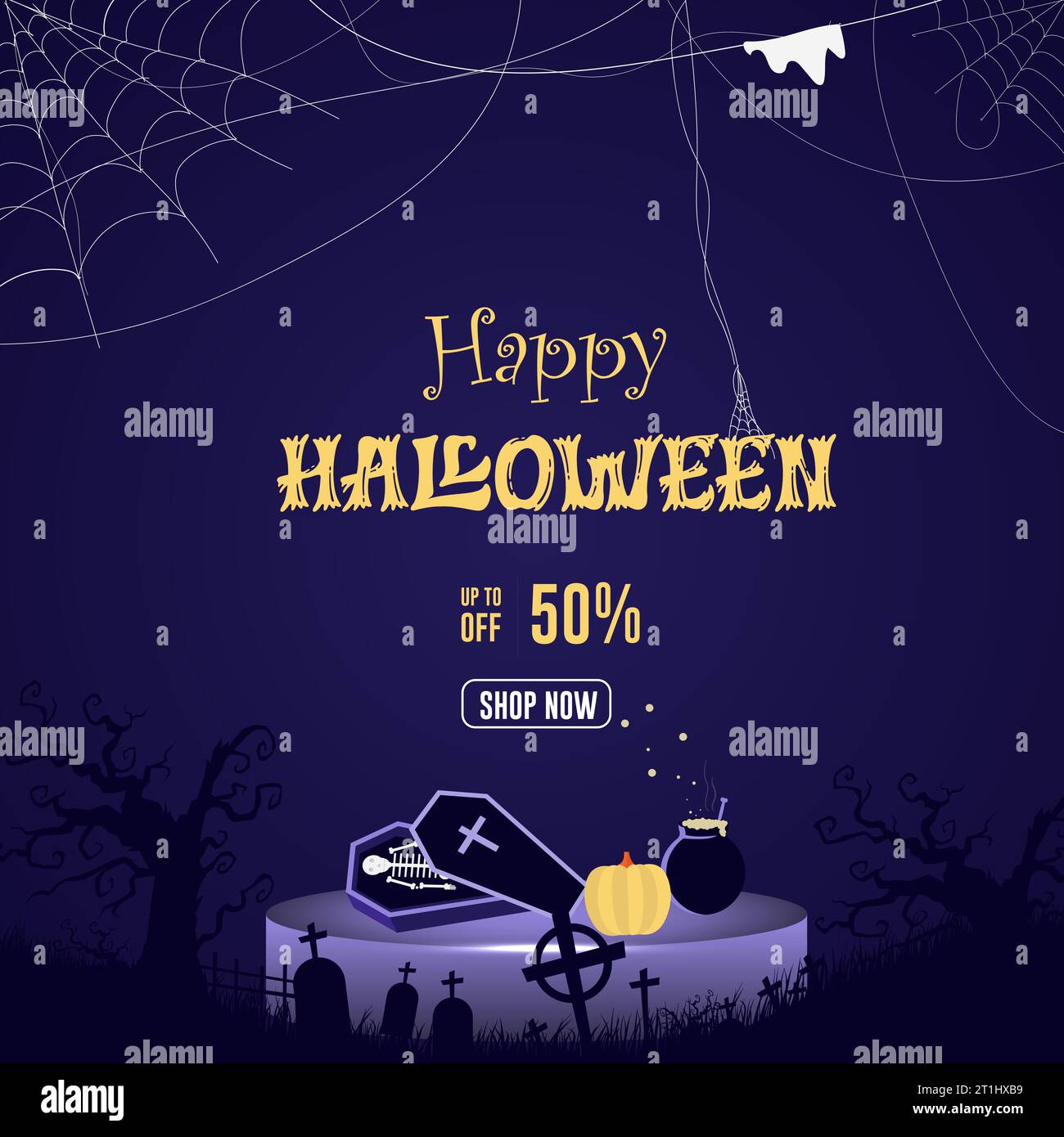 Happy Halloween sale offre une affiche avec un fond violet foncé et une illustration vectorielle de conception de toile d'araignée. Illustration de Vecteur