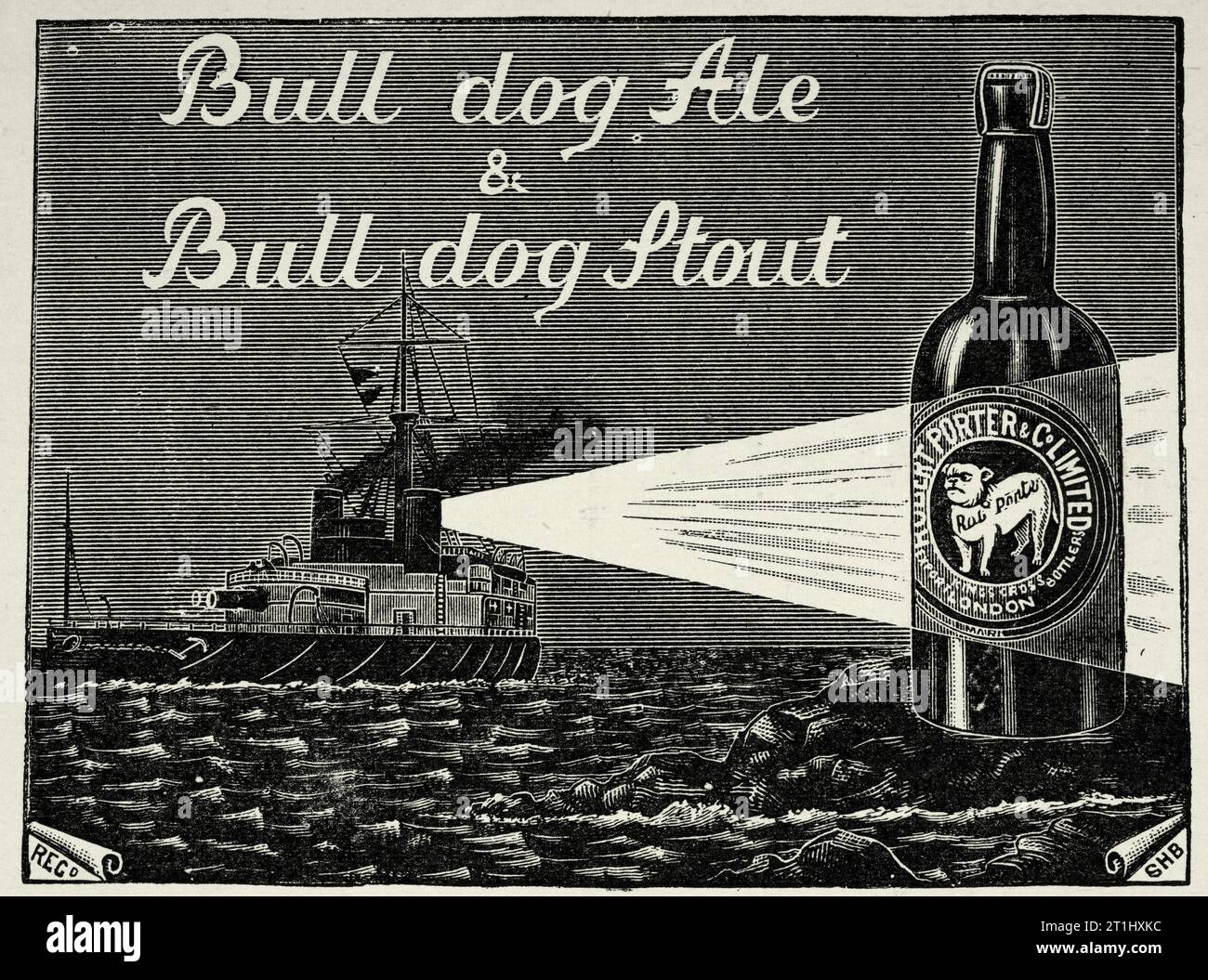 Publicité vintage de Bull dog ALE amd stout, publicité de bière victorienne, années 1890, 19e siècle. Cuirassé, projecteur Royal Navy Banque D'Images