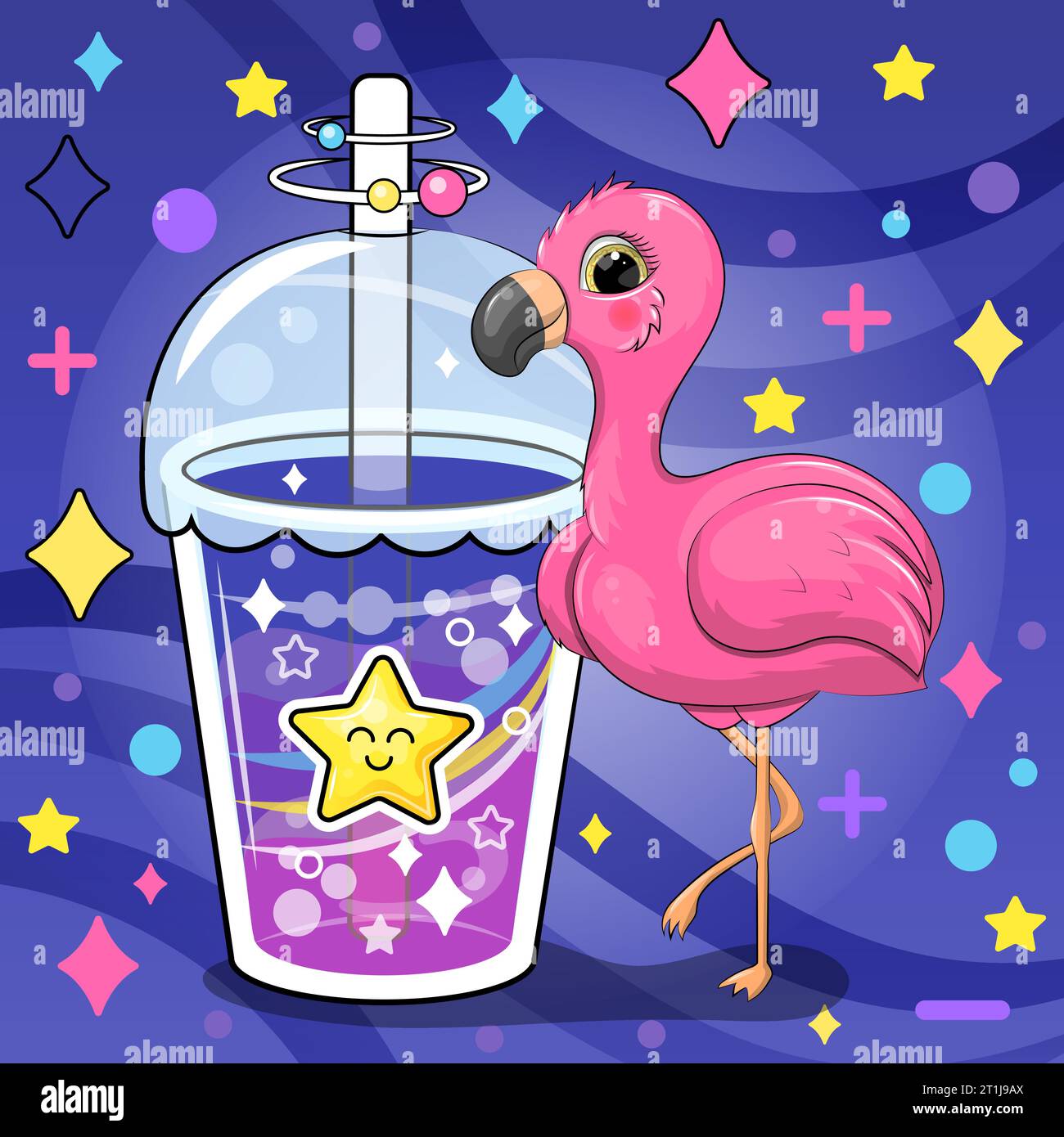 Mignon flamant rose de dessin animé avec boisson d'étoile. Illustration vectorielle d'un animal et une tasse d'eau colorée sur un fond bleu foncé avec des étoiles et des points Illustration de Vecteur
