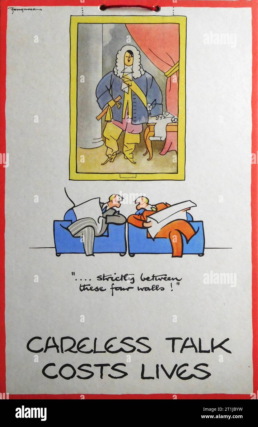 Adolf Hitler écoute deux hommes dans un Gentleman's Club dans un DISCOURS INSOUCIANT COÛTE DES VIES en temps de guerre British Hanging Card Poster par FOUGASSE (CYRIL KENNETH BIRD) vers 1940 Banque D'Images