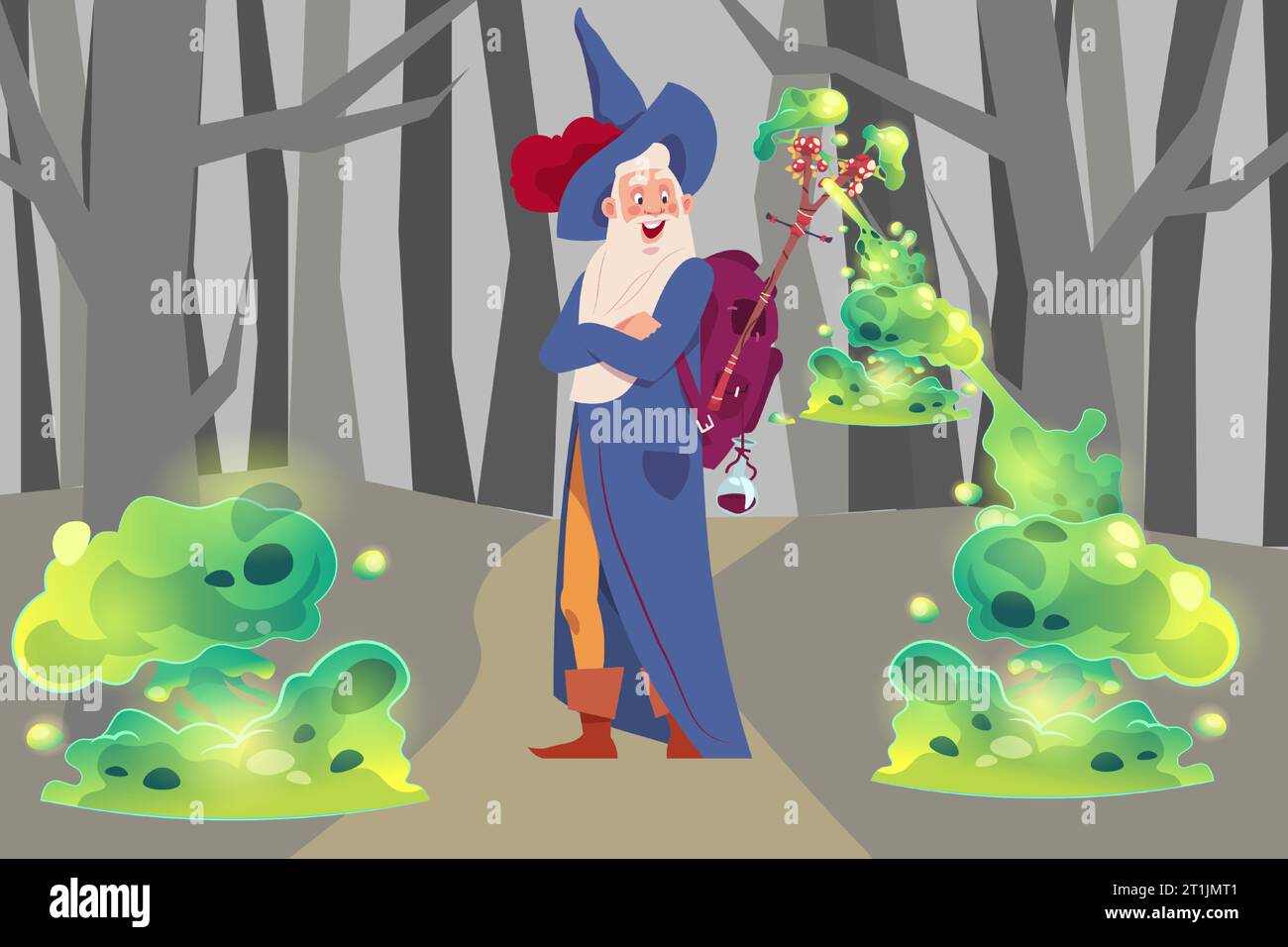 Illustration de l'assistant de dessin animé. Personnage magique avec des outils magiques. Vieil homme à la barbe grise en robe et chapeau, sorcier et alchimiste en forêt. Mystère Illustration de Vecteur