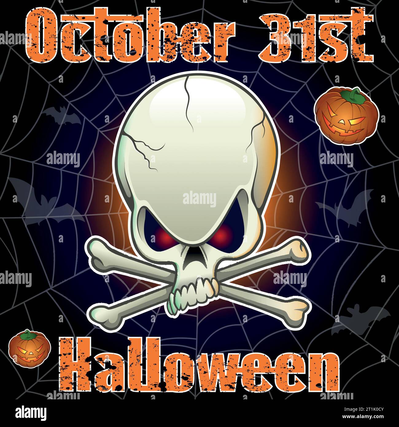 Illustration Halloween - crâne avec des os croisés au premier plan. Fond avec toile d'araignée, chauves-souris, citrouilles. Texte : 31 octobre Halloween Banque D'Images