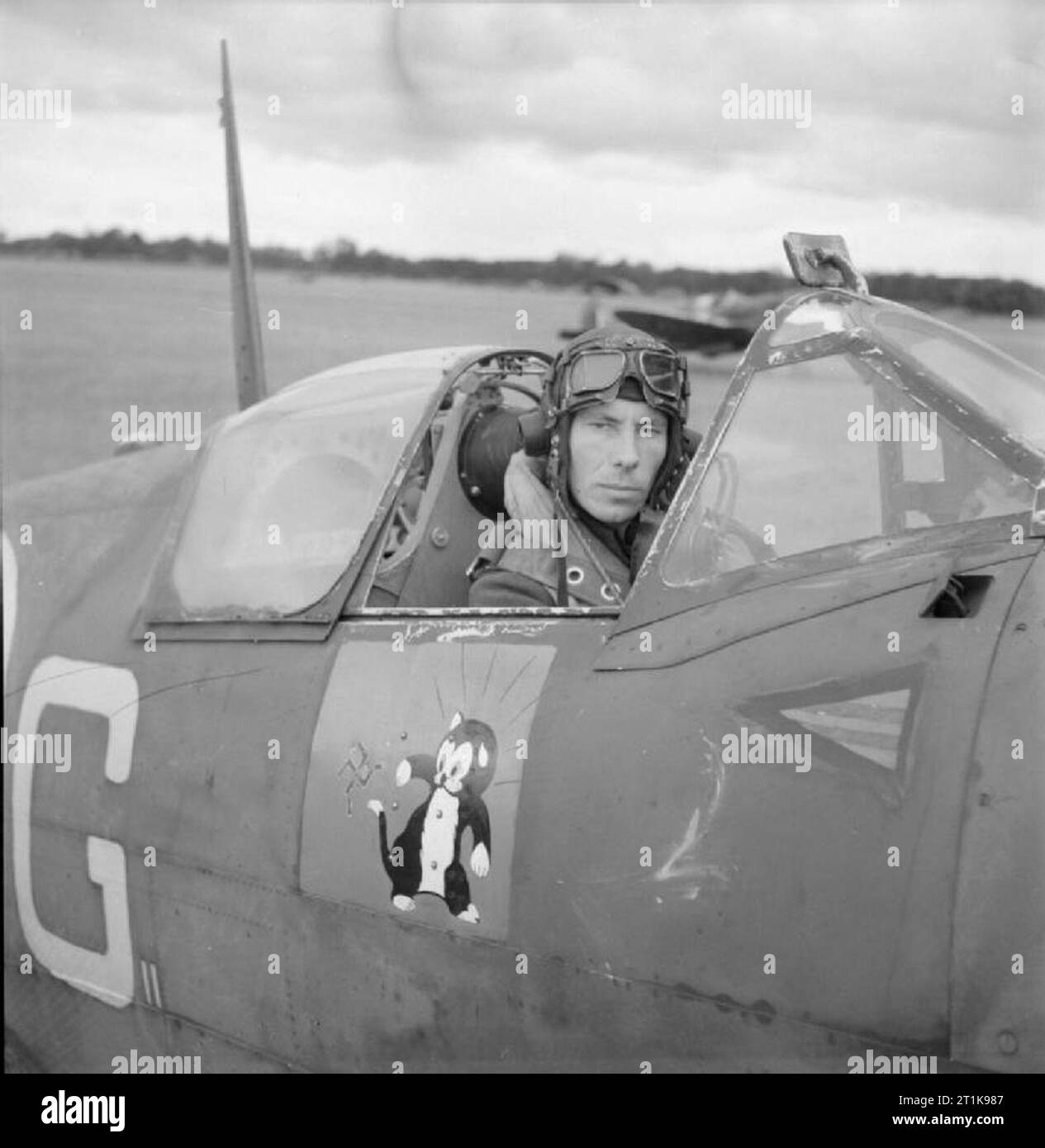 Le Fighter Command de la Royal Air Force, 1939-1945. Le commandant de l'escadre, J R 'Large' Gleed assis dans le cockpit de son Spitfire Supermarine Mark VB, AA742 'R-G', à Ibsley, Hampshire, lorsqu'il mena l'Ibsley aile. Remarque Gleed, représentant l'emblème du 'Figaro' le chat swatting une swastika, sous le cockpit. Banque D'Images