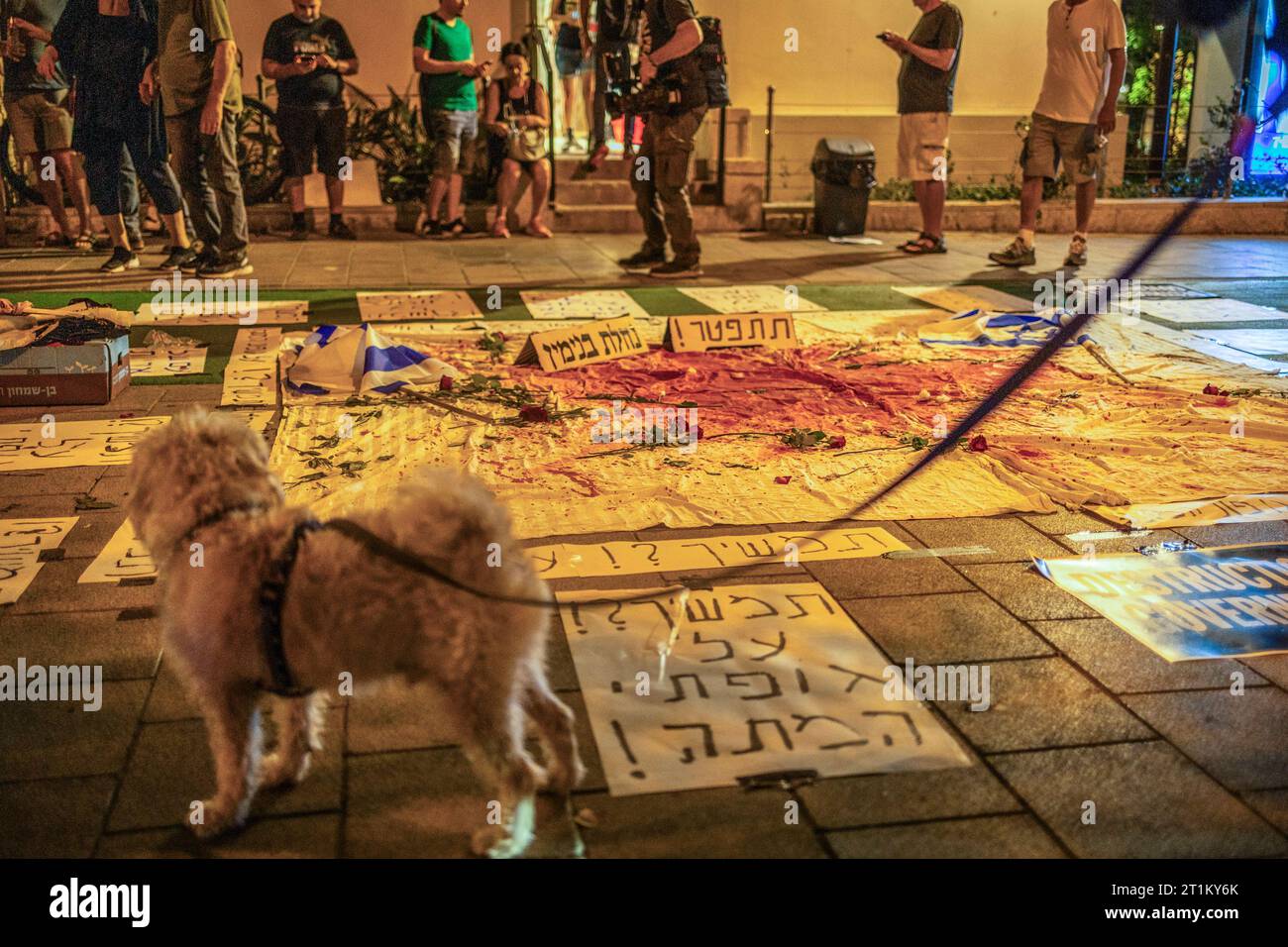 Tel Aviv, Israël. 14 octobre 2023. Les gens prennent part à une manifestation appelant à la démission du Premier ministre israélien Benjamin Netanyahu et à ramener chez eux les personnes enlevées par le Hamas. Crédit : Ilia Yefimovich/dpa/Alamy Live News Banque D'Images