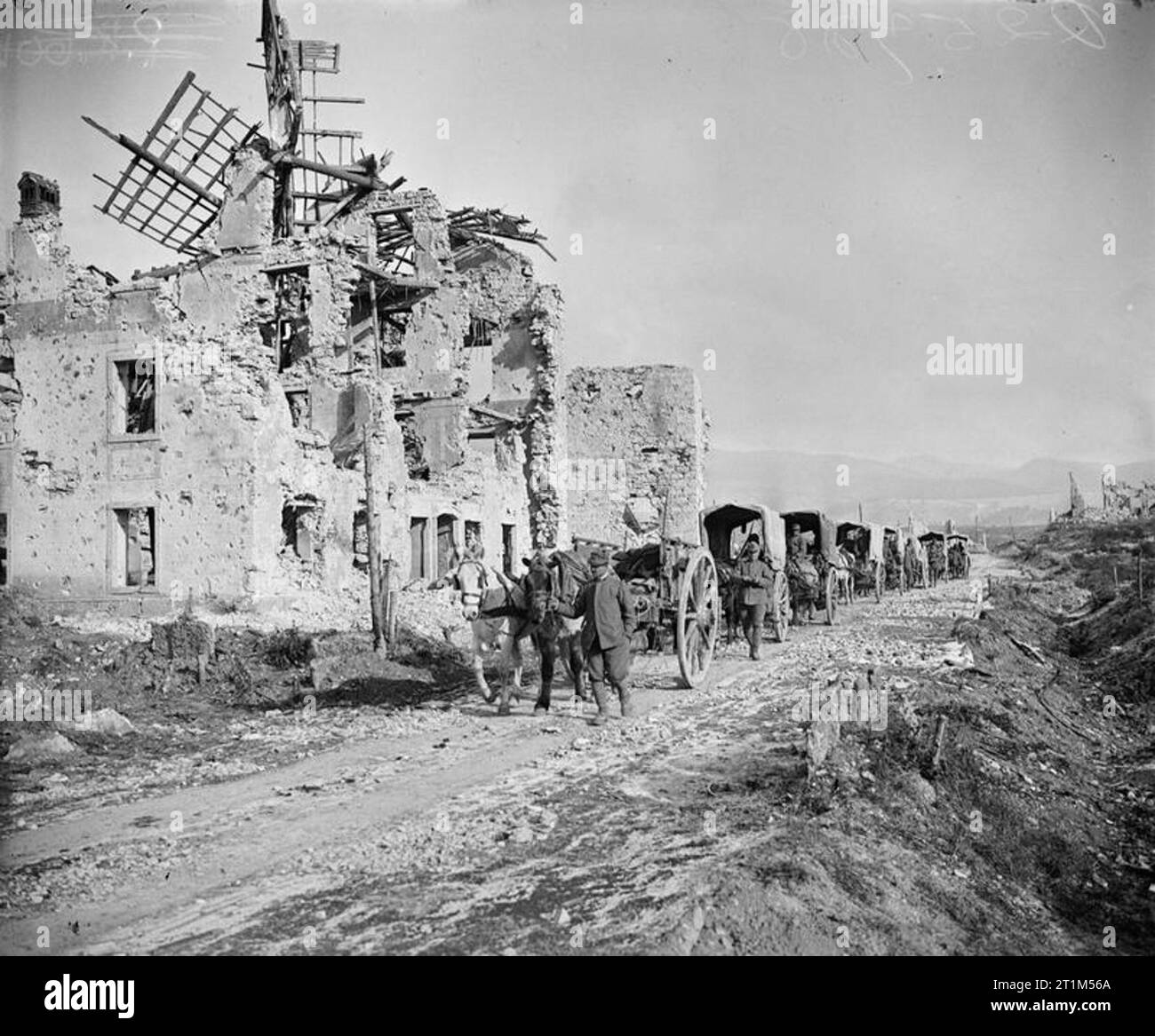 Ministère de l'information Première Guerre mondiale Collection officielle de transport chevaux italien en passant par le village de Canove. Banque D'Images