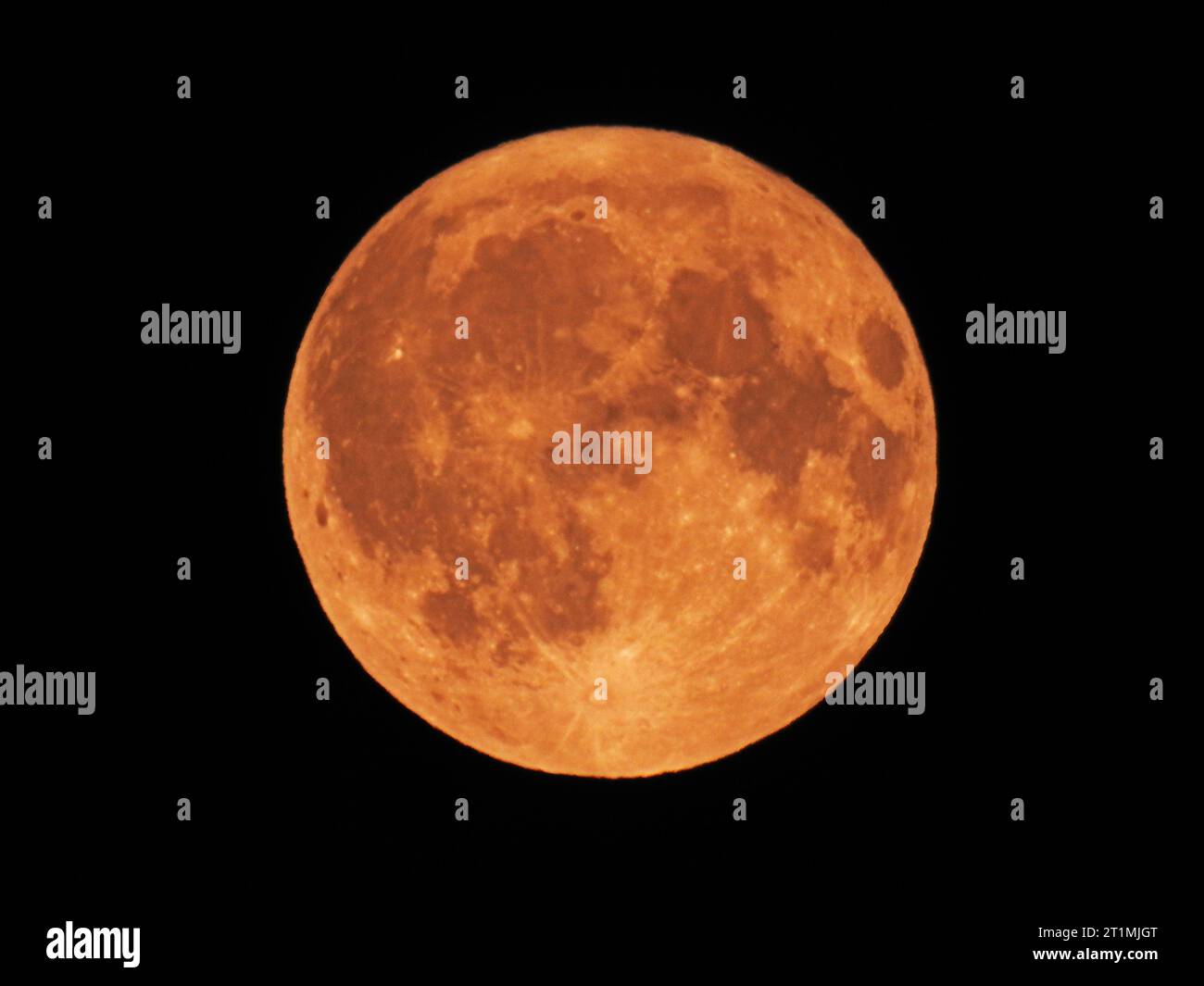 Pleine lune au-dessus de Old Bridge, New Jersey, avec une teinte rougeâtre causée par la distorsion atmosphérique, peu après le lever de lune -23 Banque D'Images