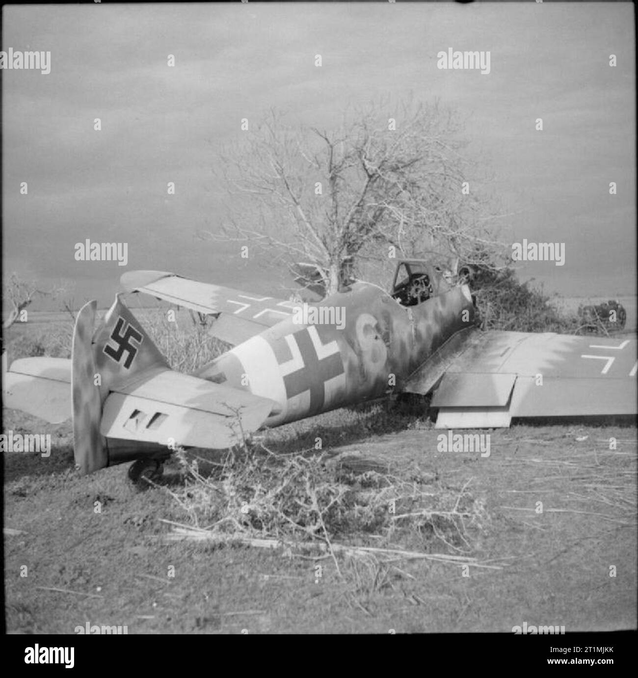 La Luftwaffe 1939-1945 un chasseur allemand Messerschmitt Bf 109 abattu dans la tête de pont d'Anzio, 25 janvier 1944. Banque D'Images