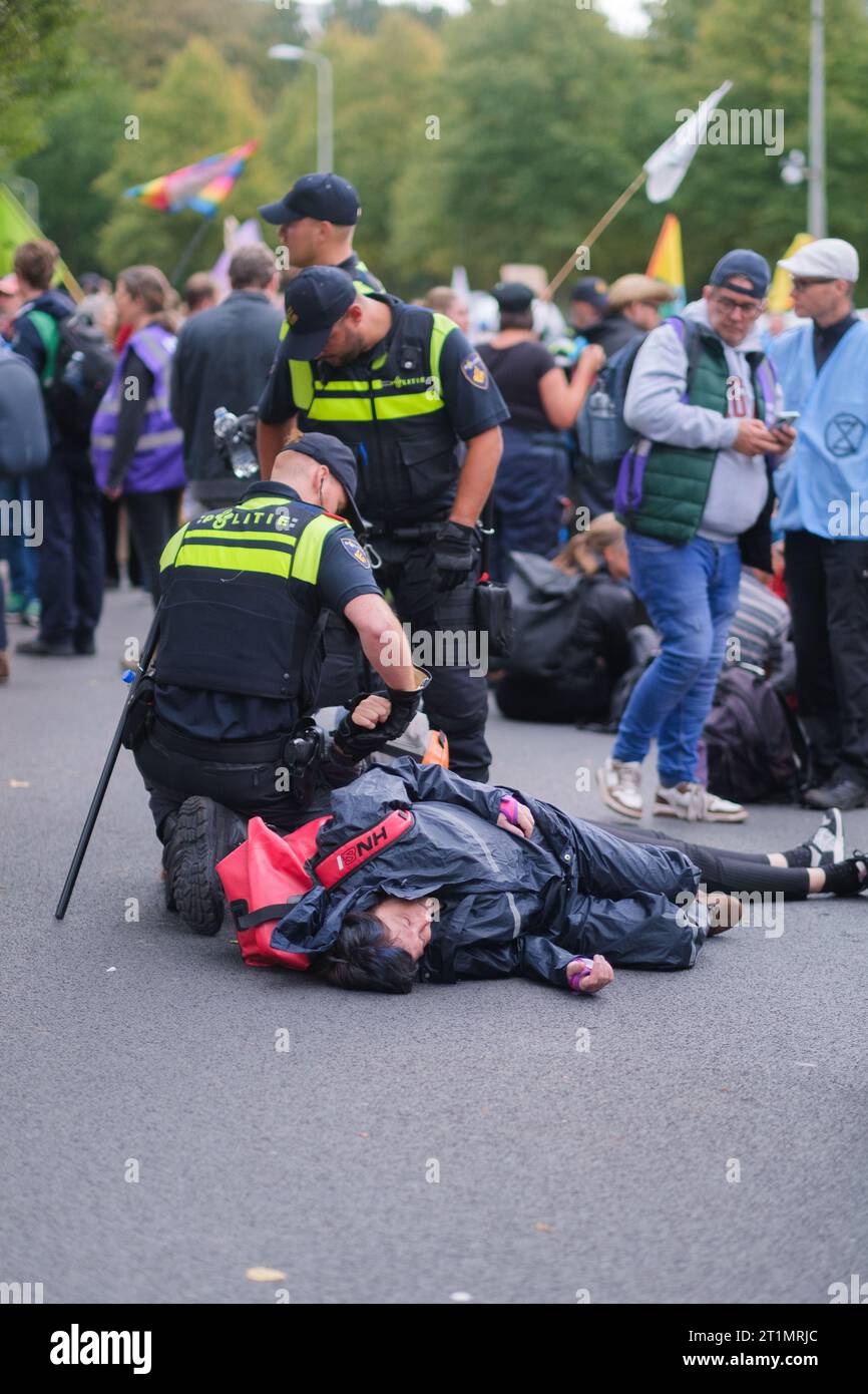 Extinction Rebellion activistes sont arrêtés sur l'autoroute A12 après avoir bloqué la route. Ils exigent la fin des subventions gouvernementales sur les combustibles fossiles. Banque D'Images