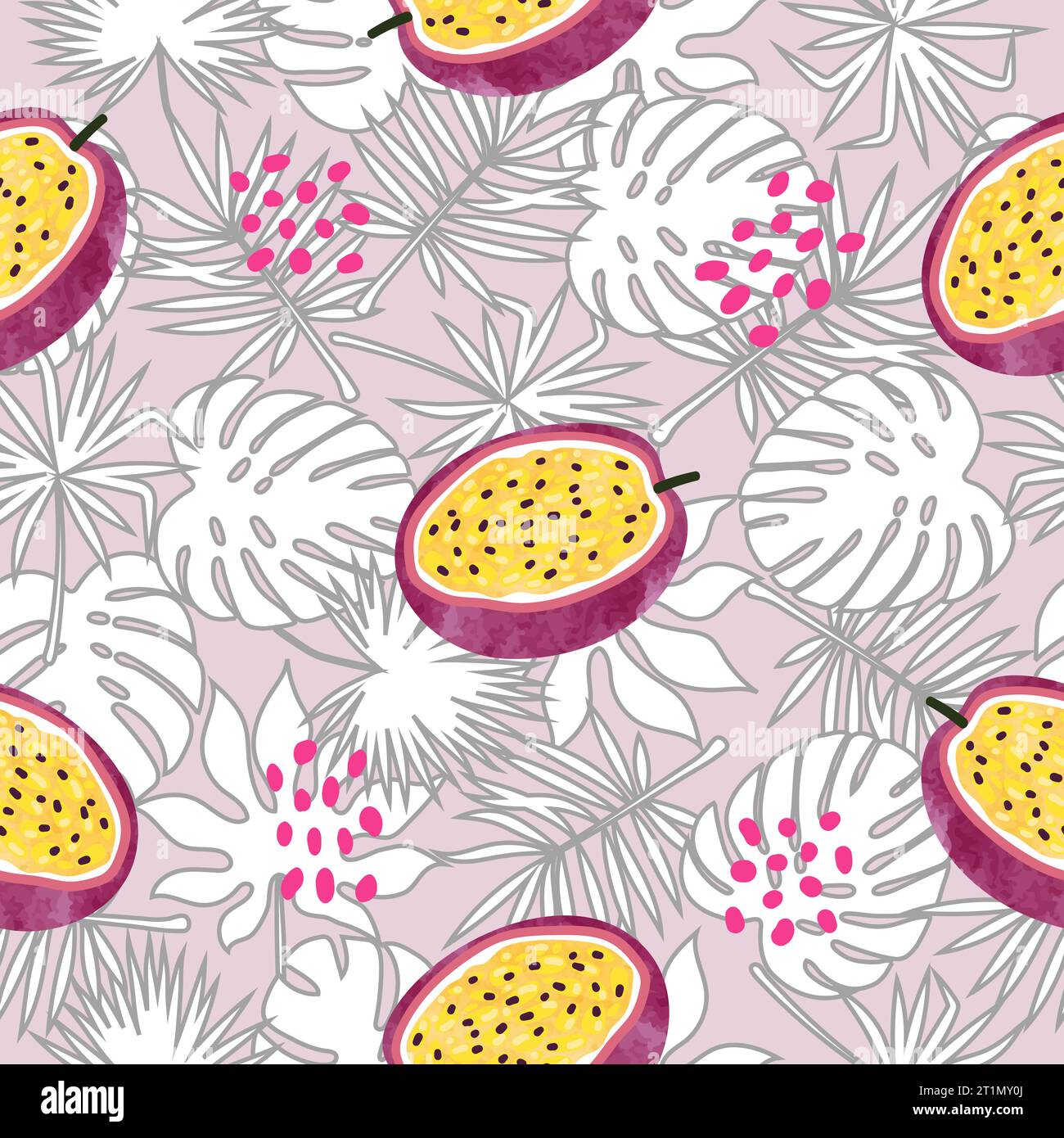 Motif de fruits tropicaux avec des fruits de la passion aquarelle et des feuilles exotiques. Illustration vectorielle transparente. Illustration de Vecteur