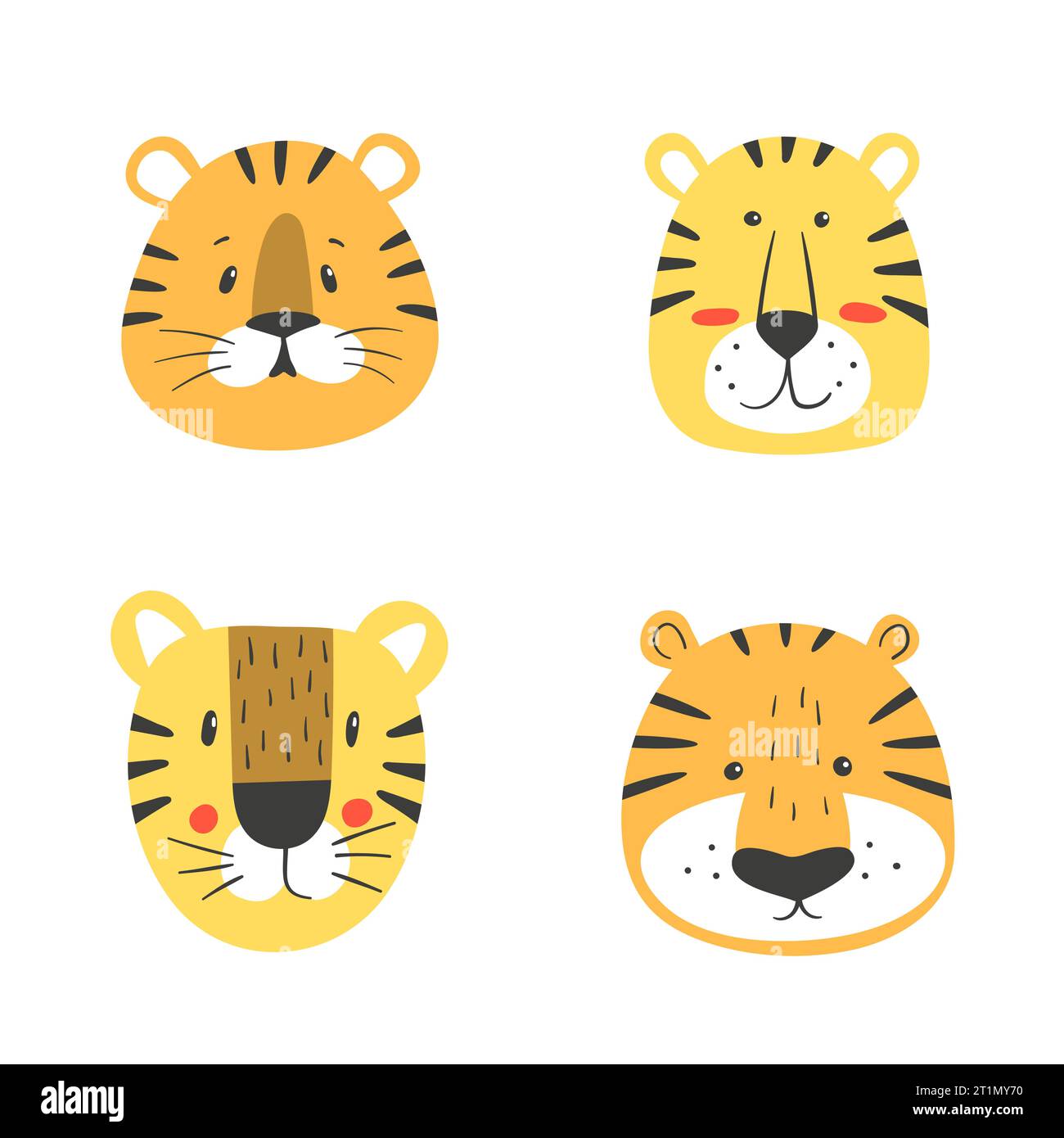Ensemble de tigres de dessins animés mignons. Têtes d'animaux drôles. Illustration vectorielle de visages de tigres Illustration de Vecteur
