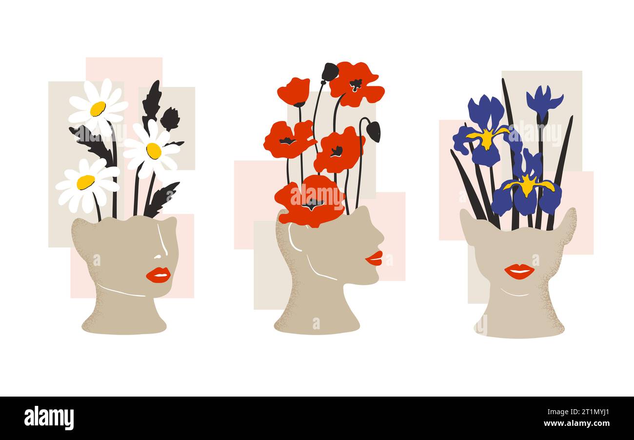 Ensemble de visages de femmes abstraites avec des fleurs. Poster tendance floral vectoriel. Collection d'art mural Illustration de Vecteur